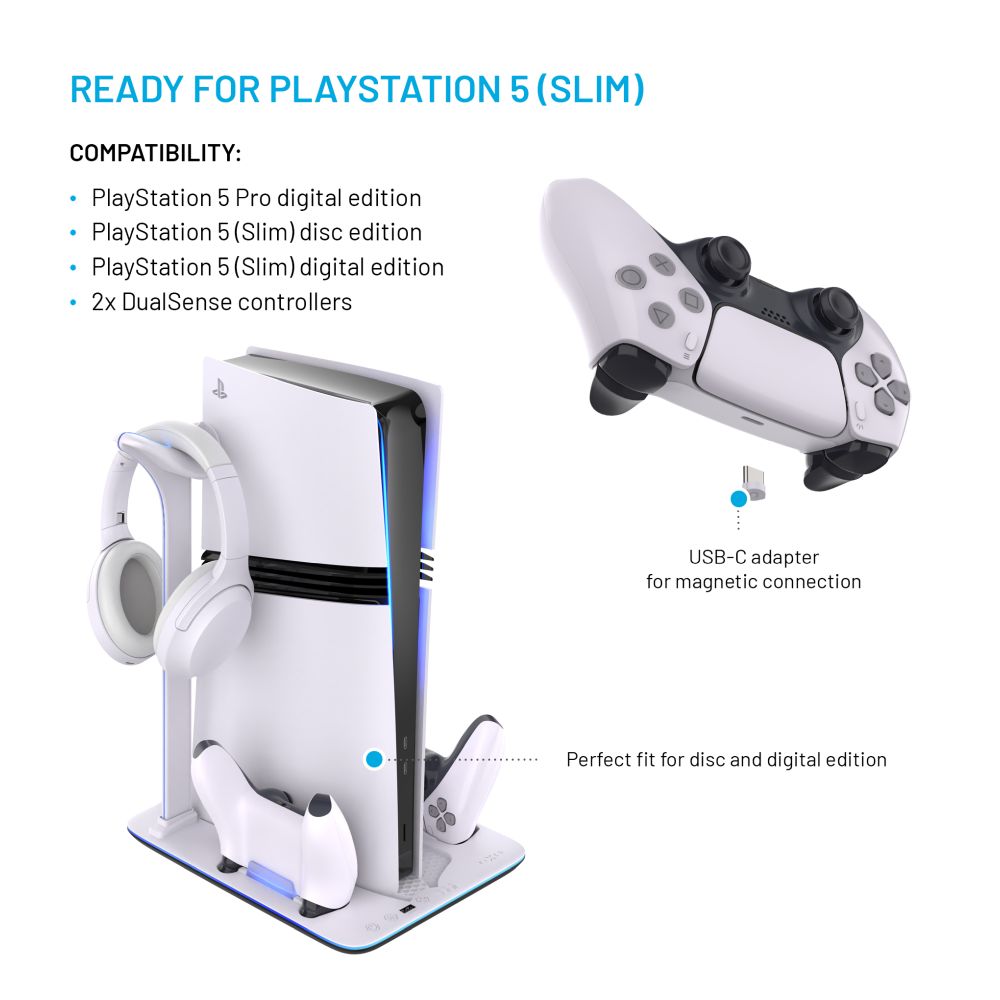 Dokovací stanice FIXED pro PlayStation 5 (Pro/Slim) s větráky a nabíjením pro 2xDualSense, černo-bílá