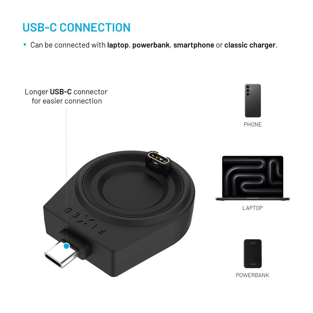 Nabíjecí USB-C adaptér FIXED pro smartwatch Garmin Fenix 5/6/7/7X/8, Epix, Venu 2/3/3S, Vívoactive 3/4/5, černý