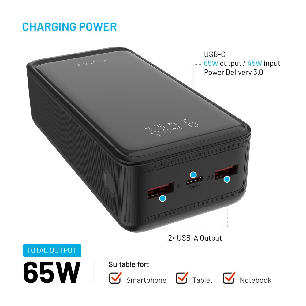 Powerbanka FIXED Zen2 30 Plus s LCD displejem a výstupem PD 65W, 30 000 mAh, černá