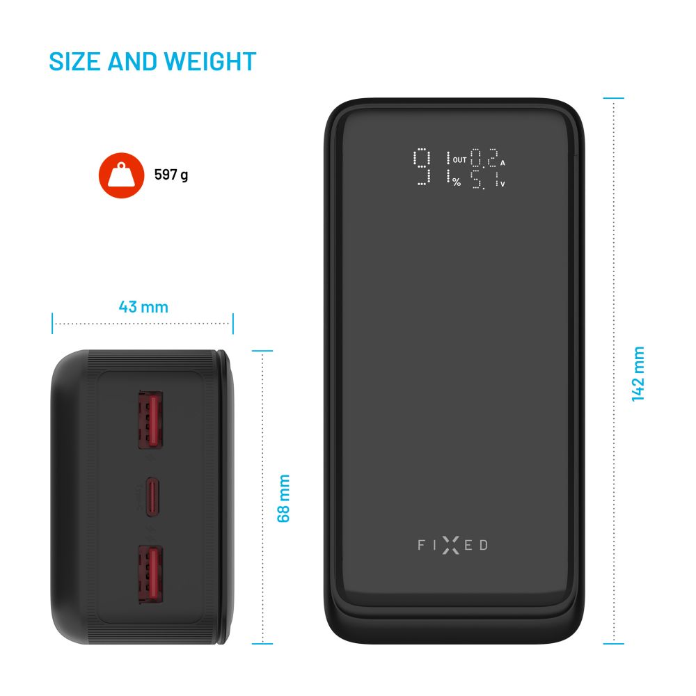 Powerbanka FIXED Zen2 30 Plus s LCD displejem a výstupem PD 65W, 30 000 mAh, černá