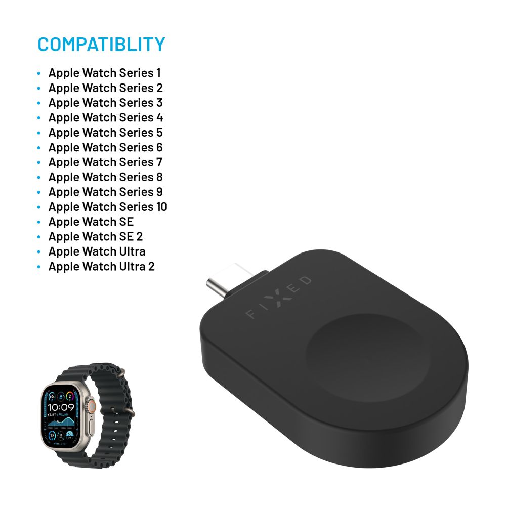 Nabíjecí USB-C adaptér FIXED pro Apple Watch kompatibilní s Powerstation Uni, černý