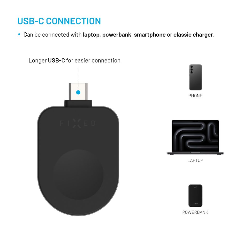 Nabíjecí USB-C adaptér FIXED pro Apple Watch kompatibilní s Powerstation Uni, černý