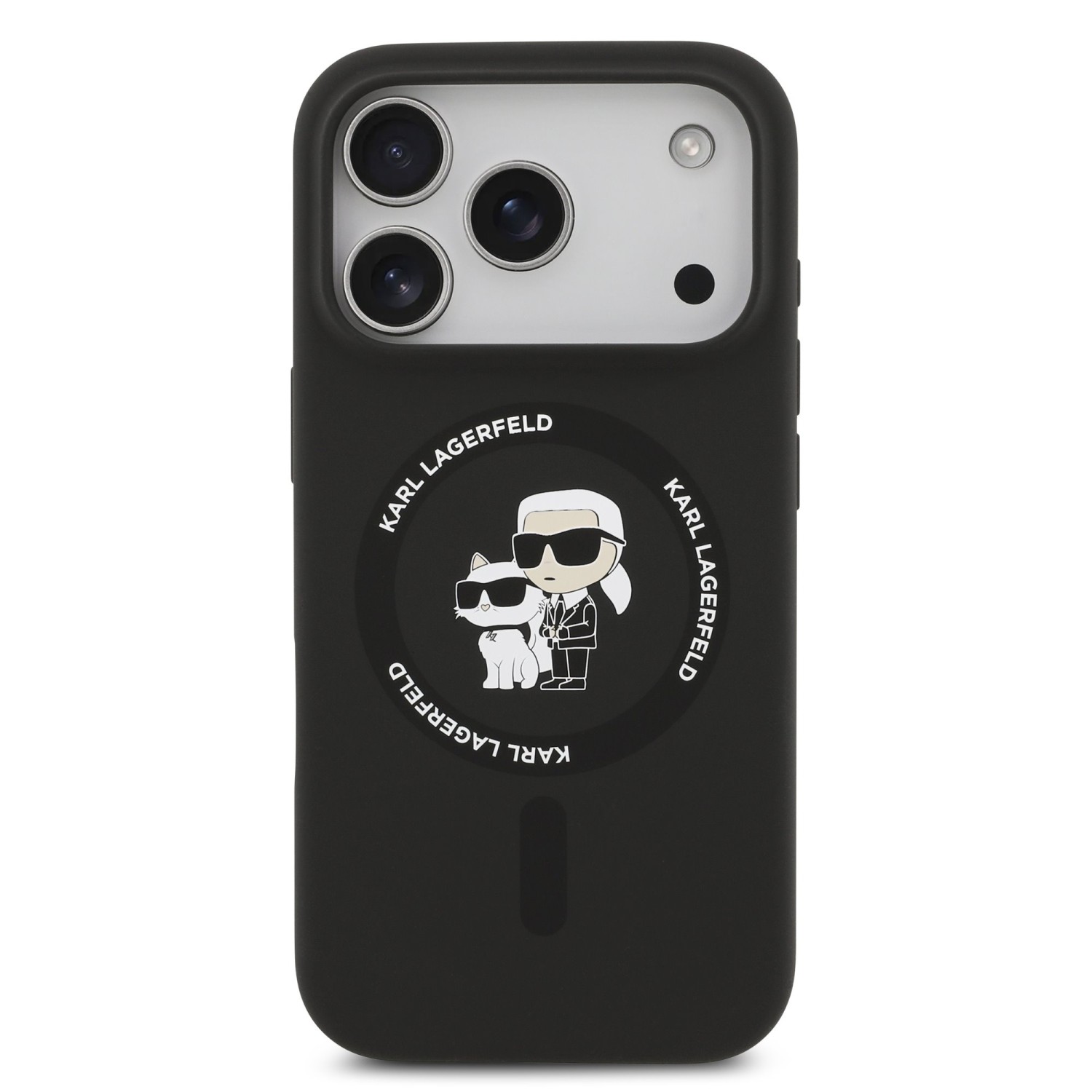 Zadní kryt Karl Lagerfeld Liquid Silicone Karl and Choupette MagSafe pro Apple iPhone 17 Pro, černá