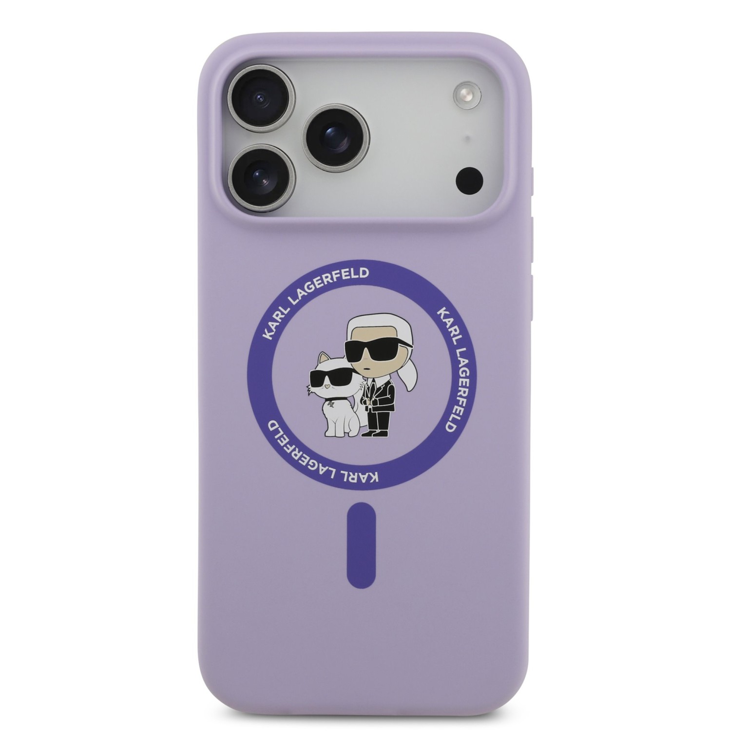 Zadní kryt Karl Lagerfeld Liquid Silicone Karl and Choupette MagSafe pro Apple iPhone 17 Pro Max, fialová
