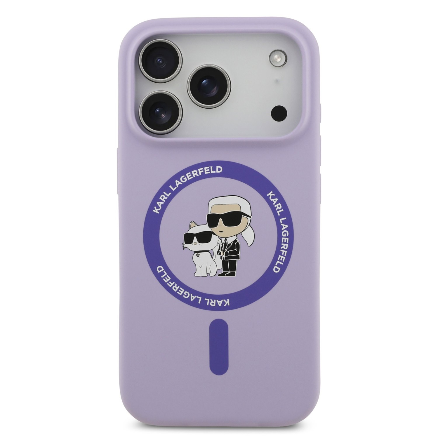 Zadní kryt Karl Lagerfeld Liquid Silicone Karl and Choupette MagSafe pro Apple iPhone 17 Pro, fialová