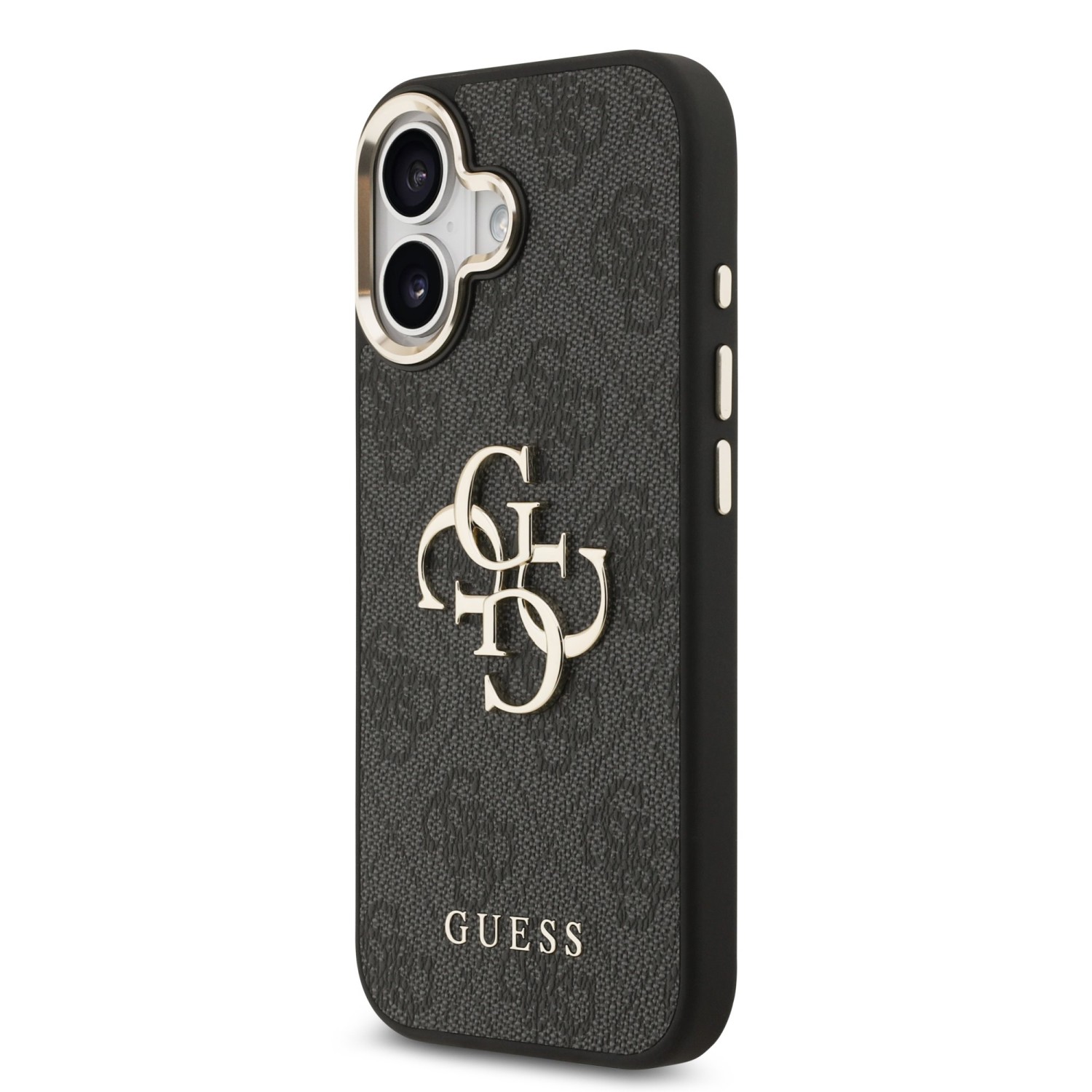 Guess PU Leather 4G Metal Logo Gold Frame Zadní Kryt pro iPhone 17 Black