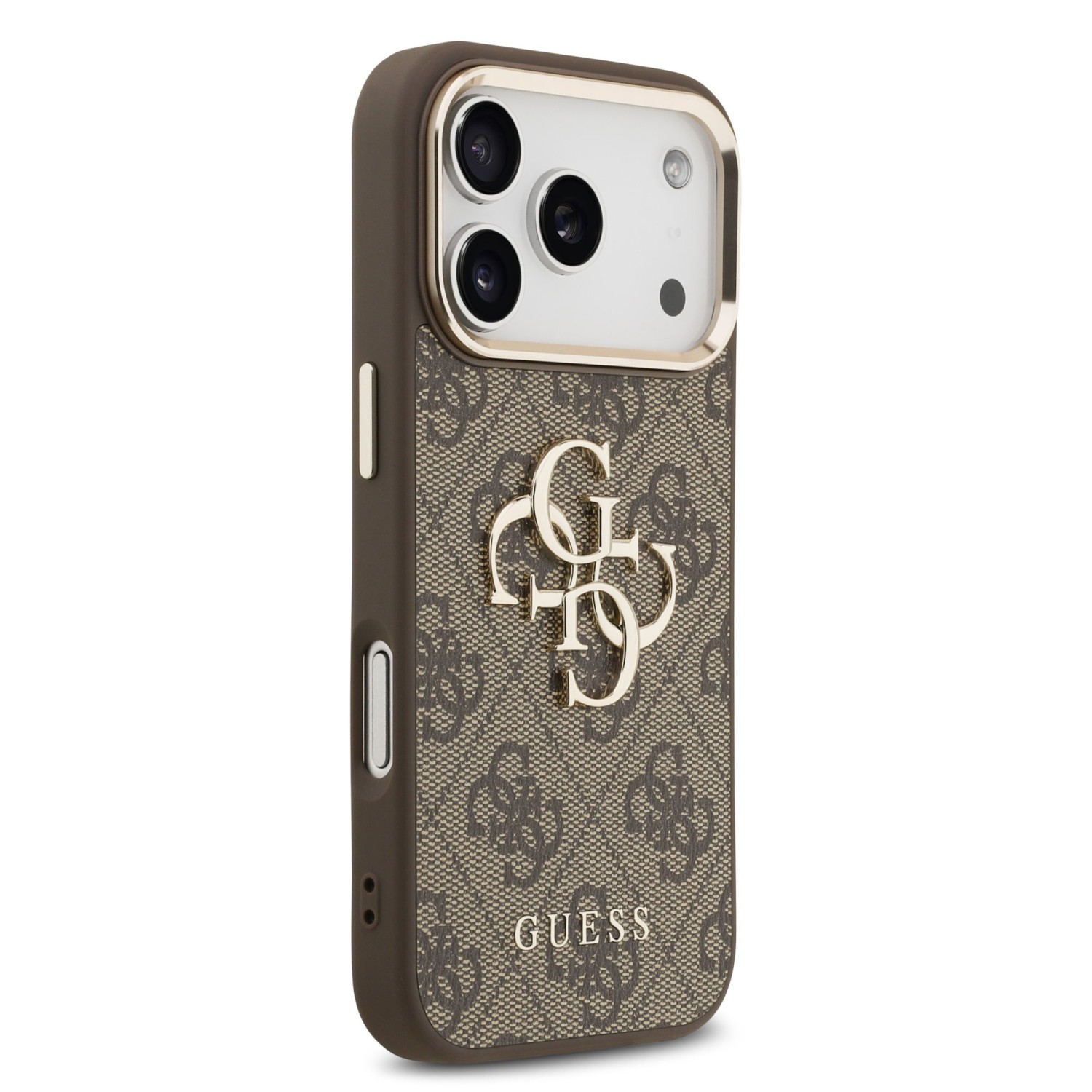Guess PU Leather 4G Metal Logo Gold Frame Zadní Kryt pro iPhone 17 Pro Max Brown