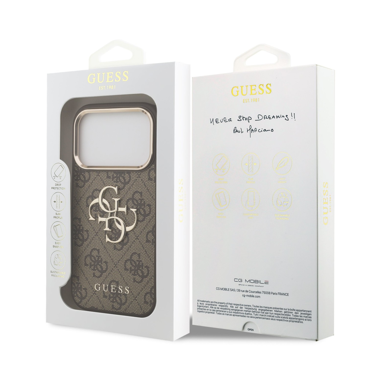Guess PU Leather 4G Metal Logo Gold Frame Zadní Kryt pro iPhone 17 Pro Max Brown