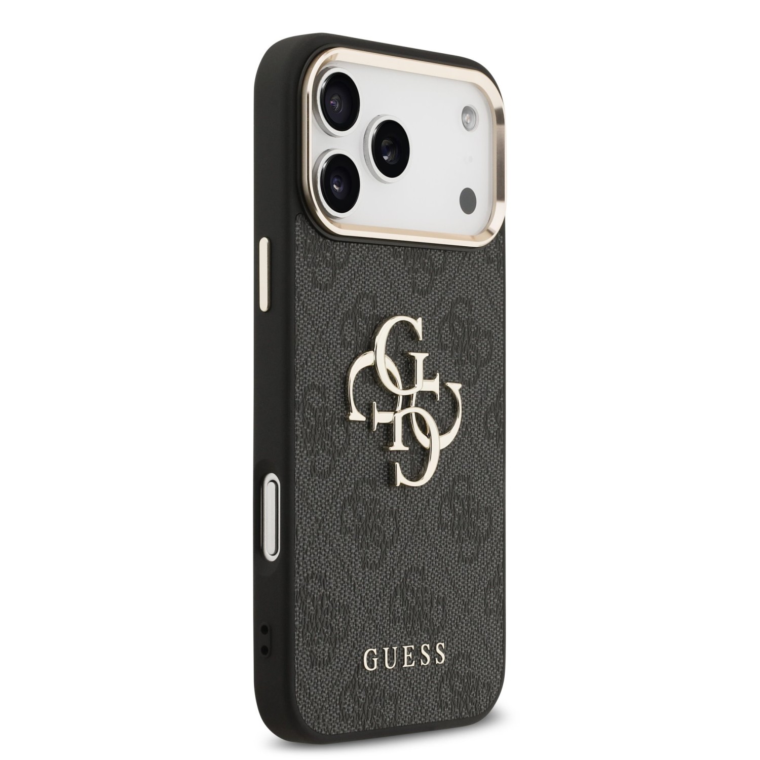 Guess PU Leather 4G Metal Logo Gold Frame Zadní Kryt pro iPhone 17 Pro Max Black