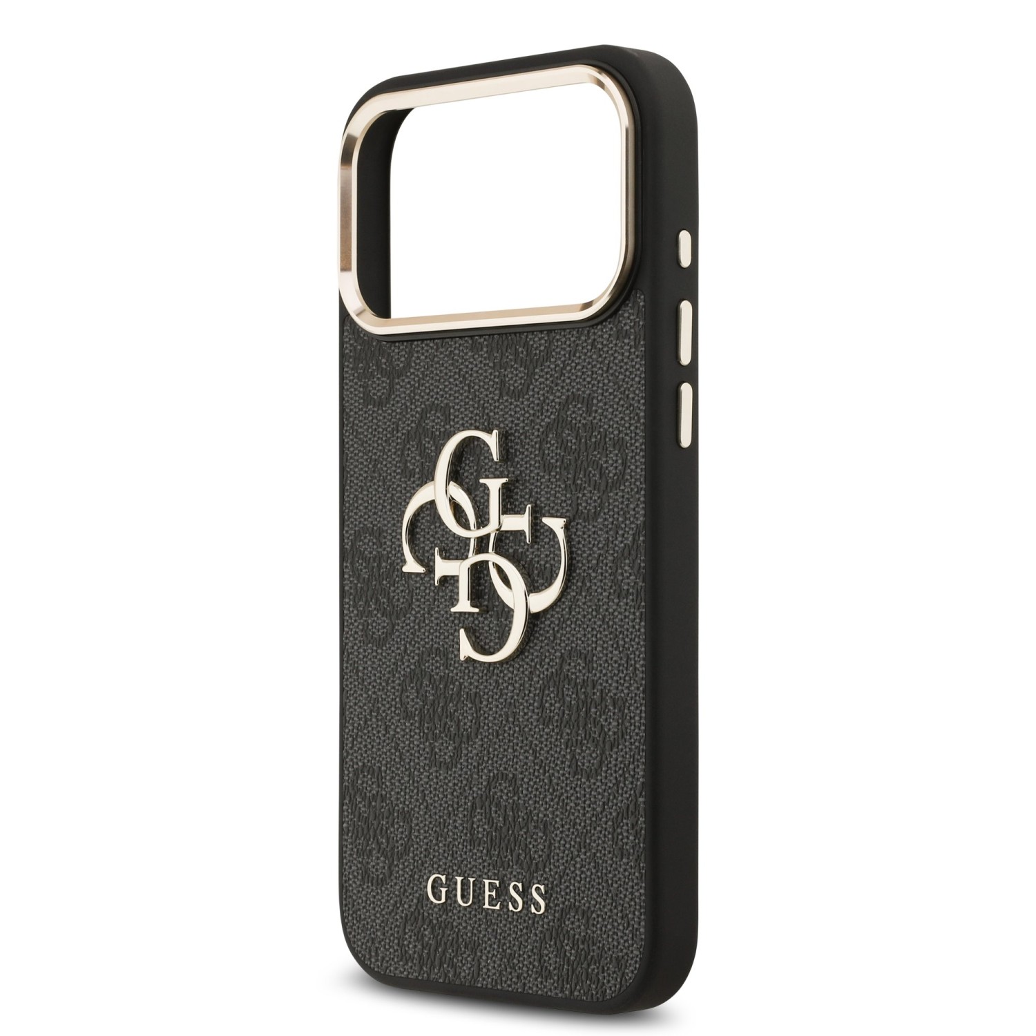 Guess PU Leather 4G Metal Logo Gold Frame Zadní Kryt pro iPhone 17 Pro Max Black
