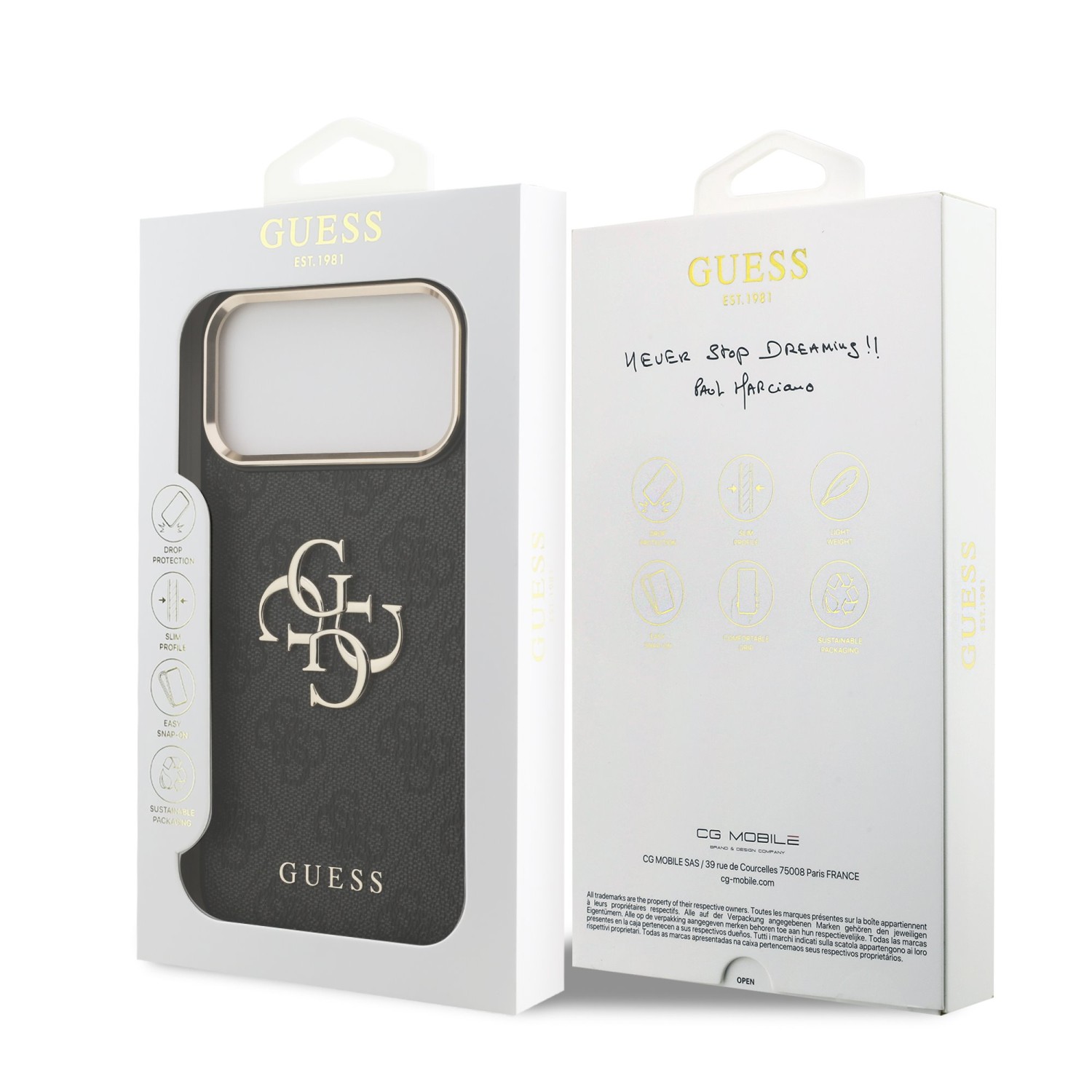 Guess PU Leather 4G Metal Logo Gold Frame Zadní Kryt pro iPhone 17 Pro Max Black