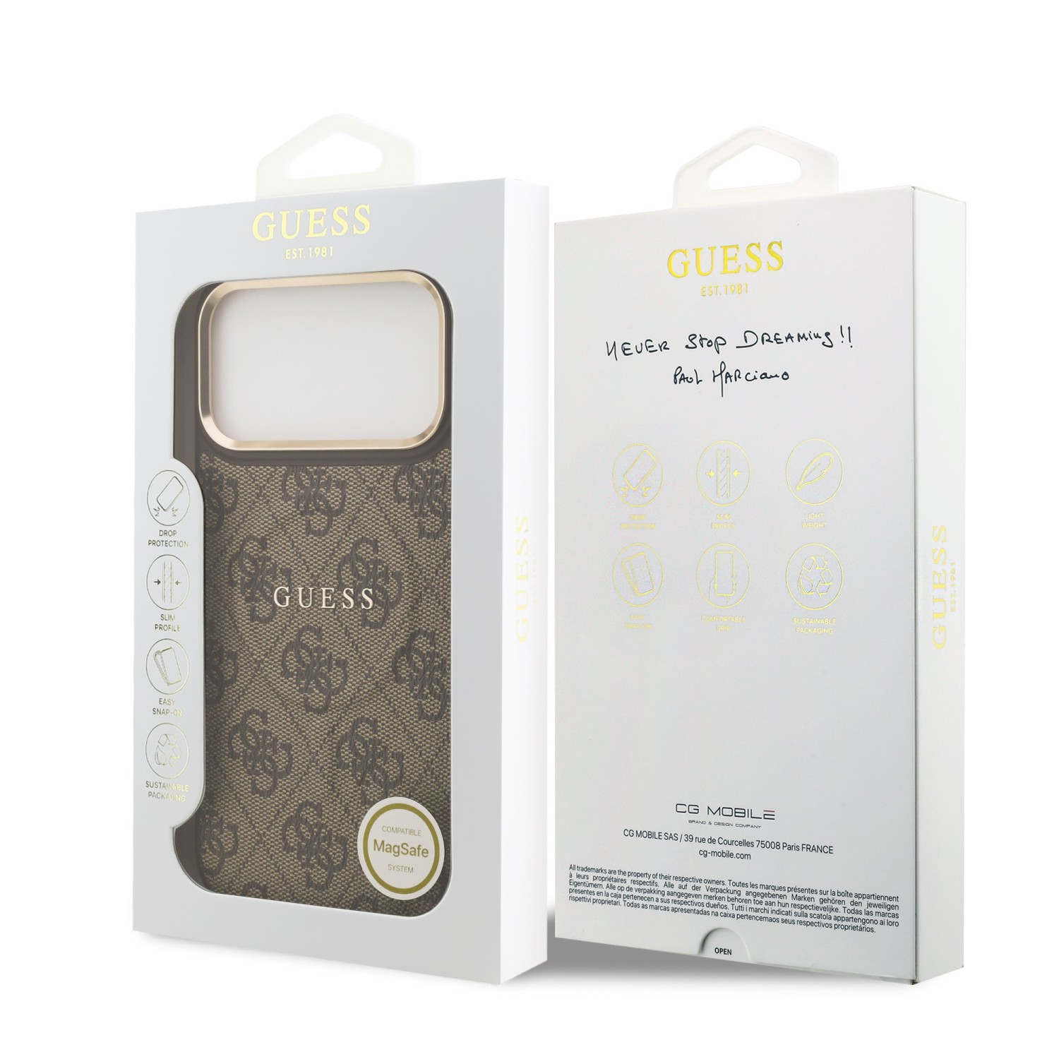 Guess PU Leather 4G Gold Frame MagSafe Zadní Kryt pro iPhone 17 Pro Max Brown