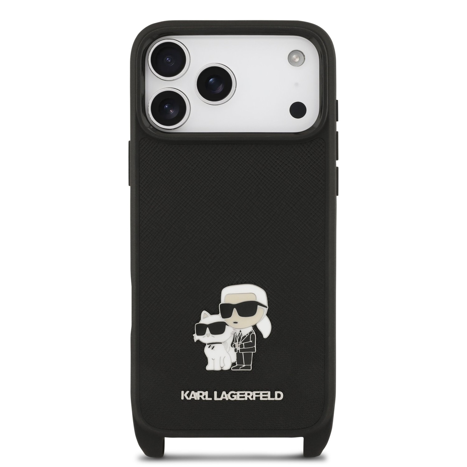 Karl Lagerfeld Saffiano Crossbody Popruh Metal Karl and Choupette Zadní Kryt pro iPhone 17 Pro Max Black