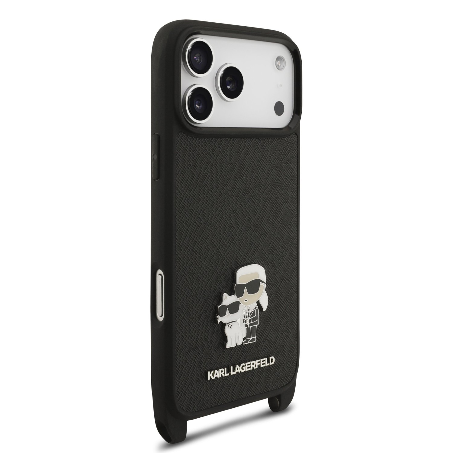 Karl Lagerfeld Saffiano Crossbody Popruh Metal Karl and Choupette Zadní Kryt pro iPhone 17 Pro Max Black