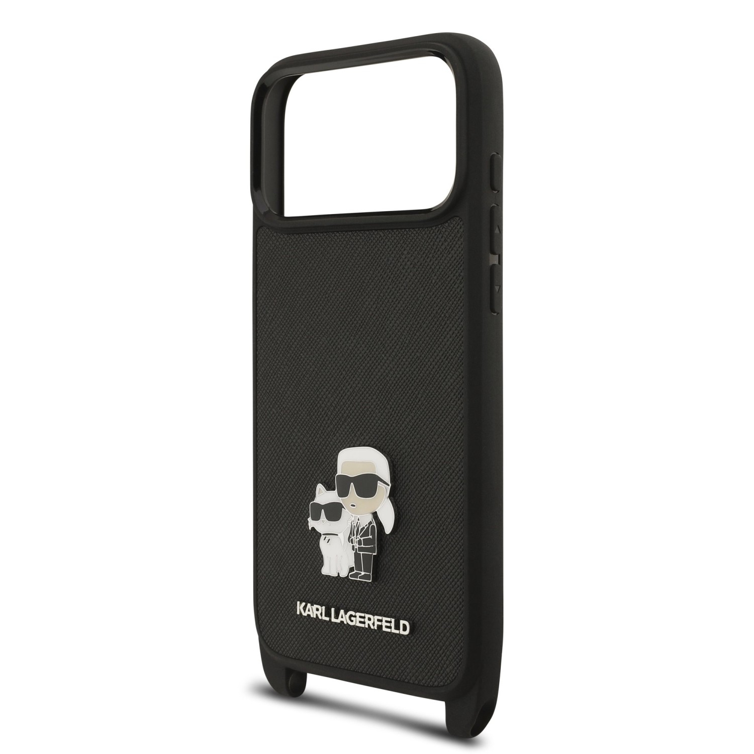 Karl Lagerfeld Saffiano Crossbody Popruh Metal Karl and Choupette Zadní Kryt pro iPhone 17 Pro Max Black