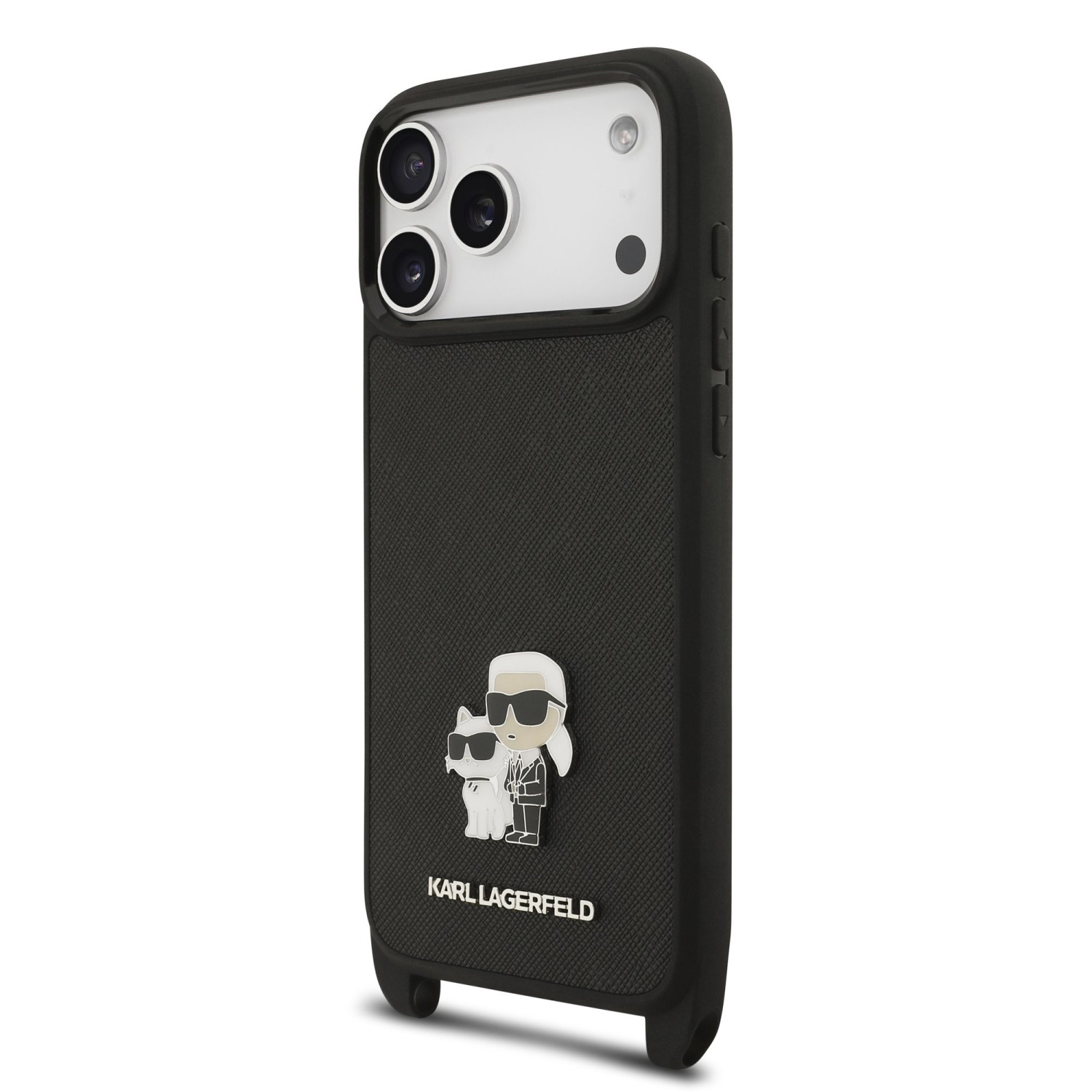 Karl Lagerfeld Saffiano Crossbody Popruh Metal Karl and Choupette Zadní Kryt pro iPhone 17 Pro Black