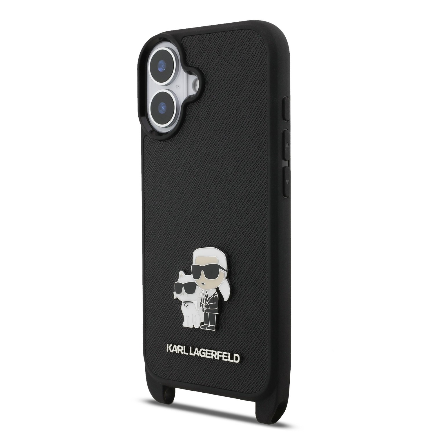 Karl Lagerfeld Saffiano Crossbody Popruh Metal Karl and Choupette Zadní Kryt pro iPhone 17 Black