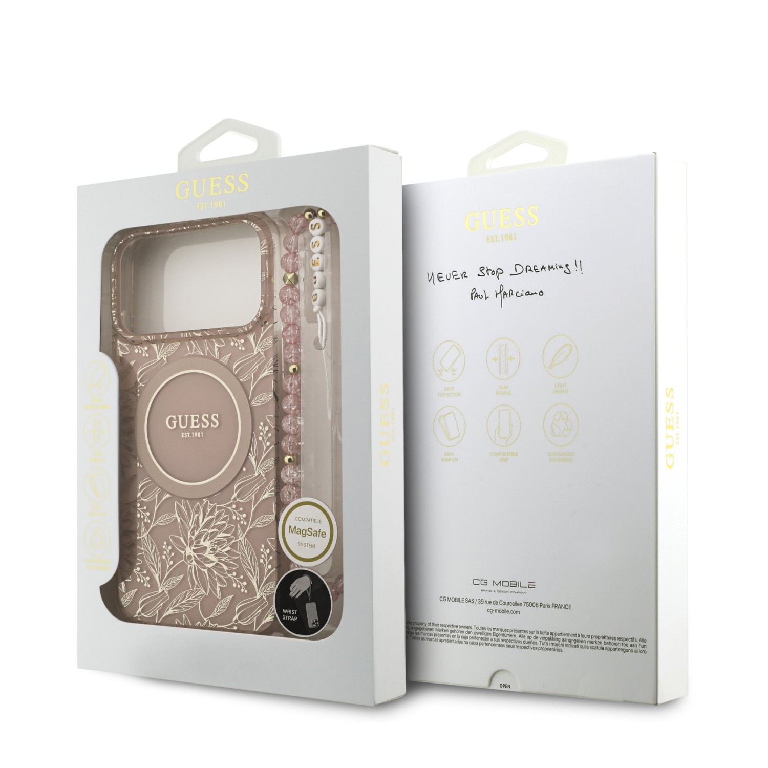 Guess IML Flowers Allover Strap MagSafe Zadní Kryt pro iPhone 17 Pro Max Pink