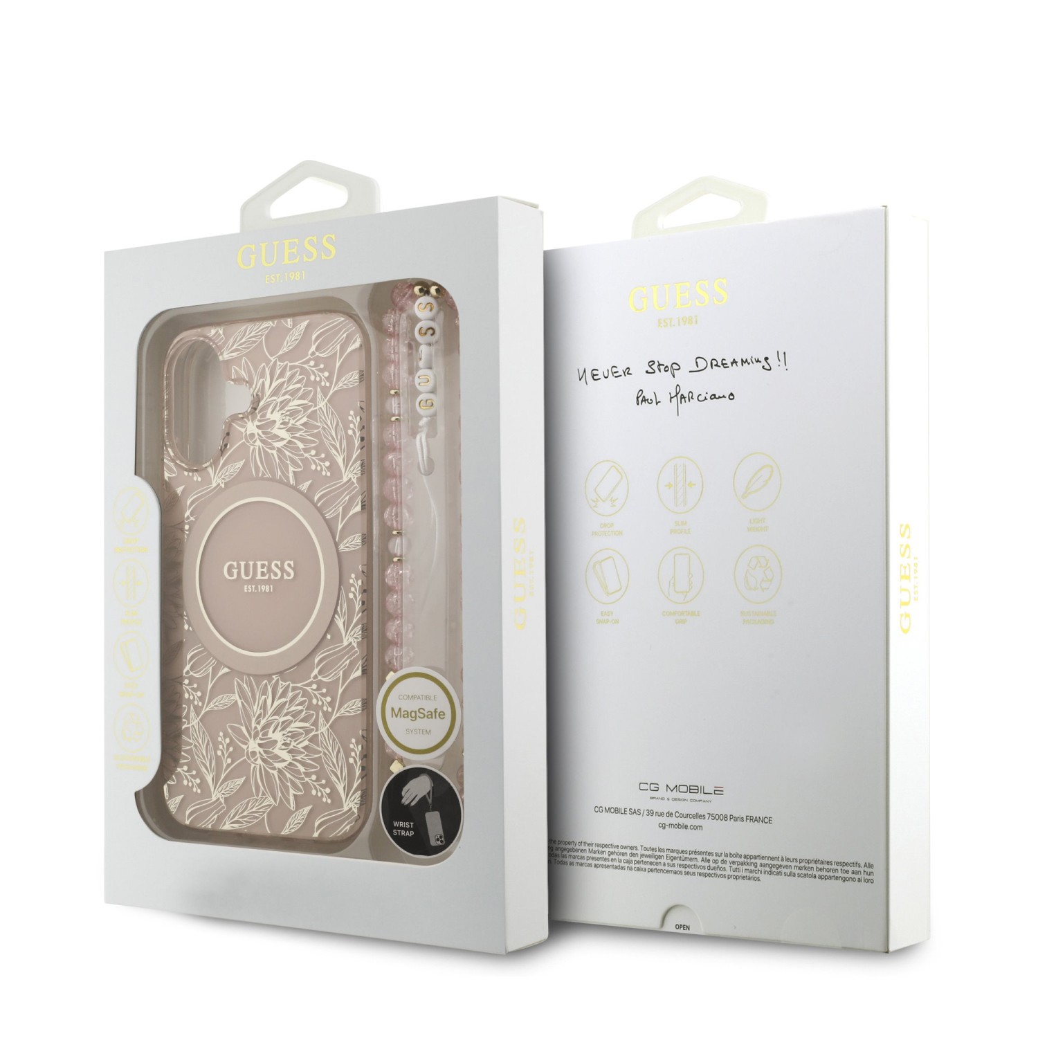 Guess IML Flowers Allover Strap MagSafe Zadní Kryt pro iPhone 17 Pink