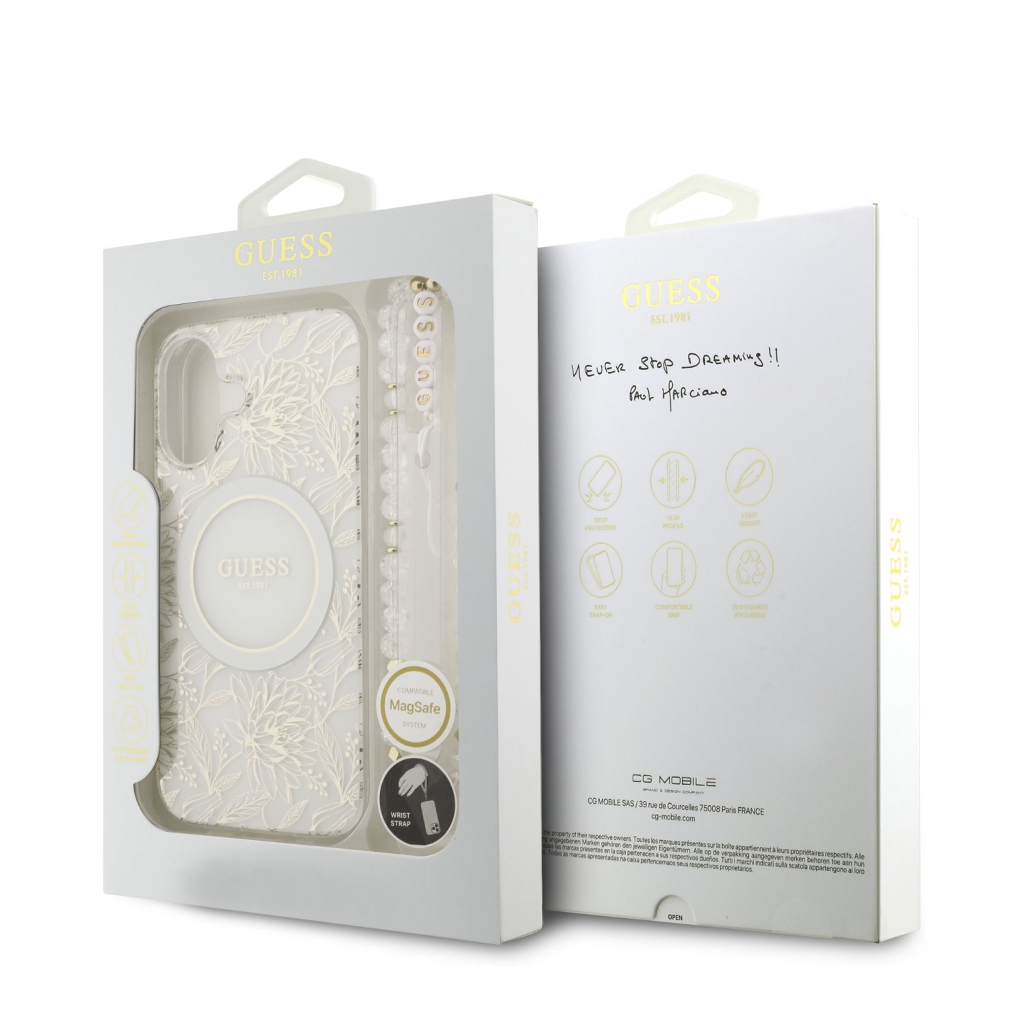 Guess IML Flowers Allover Strap MagSafe Zadní Kryt pro iPhone 17 White
