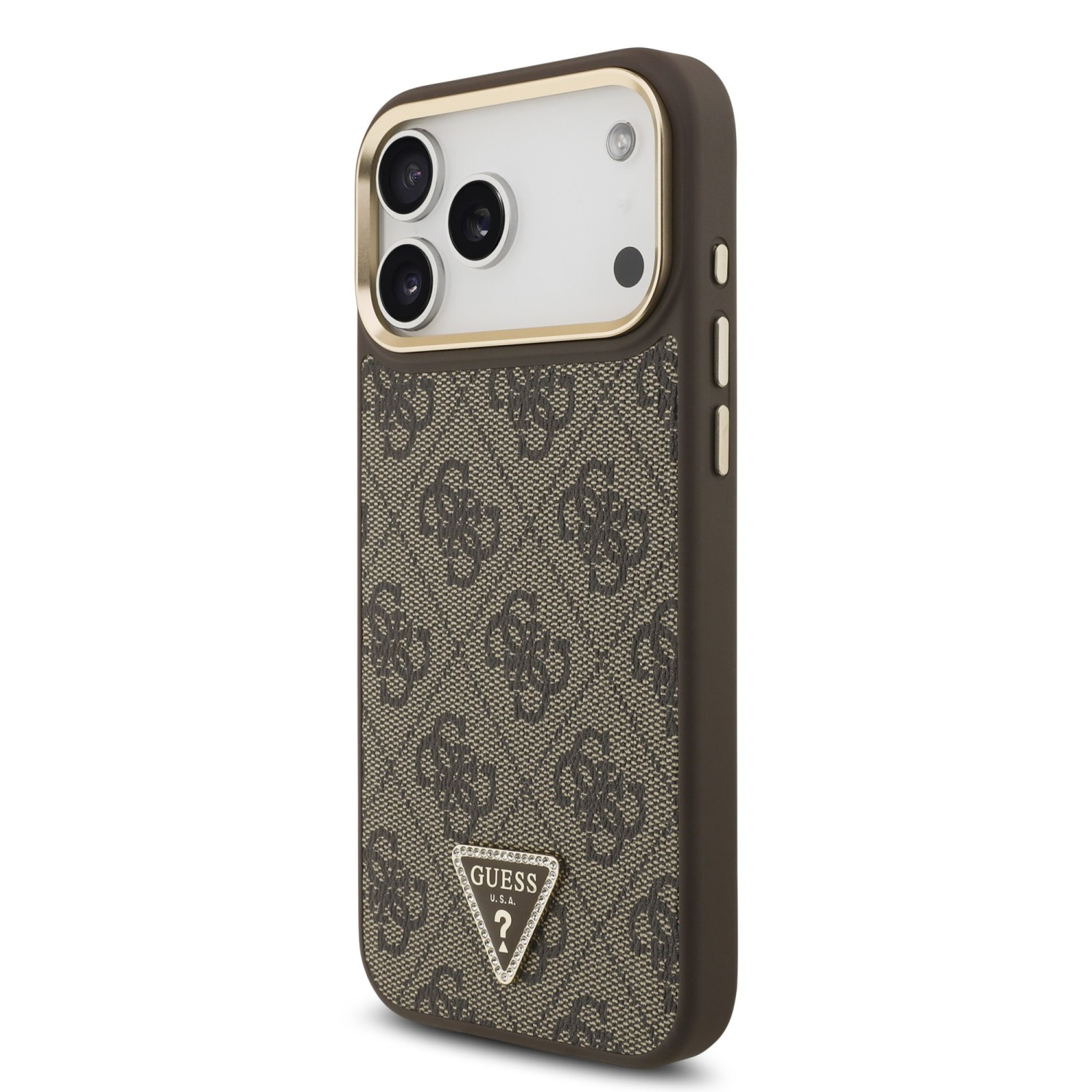Guess PU Leather 4G Strass Triangle Logo Gold Frame MagSafe Zadní Kryt pro iPhone 17 Pro Max Brown