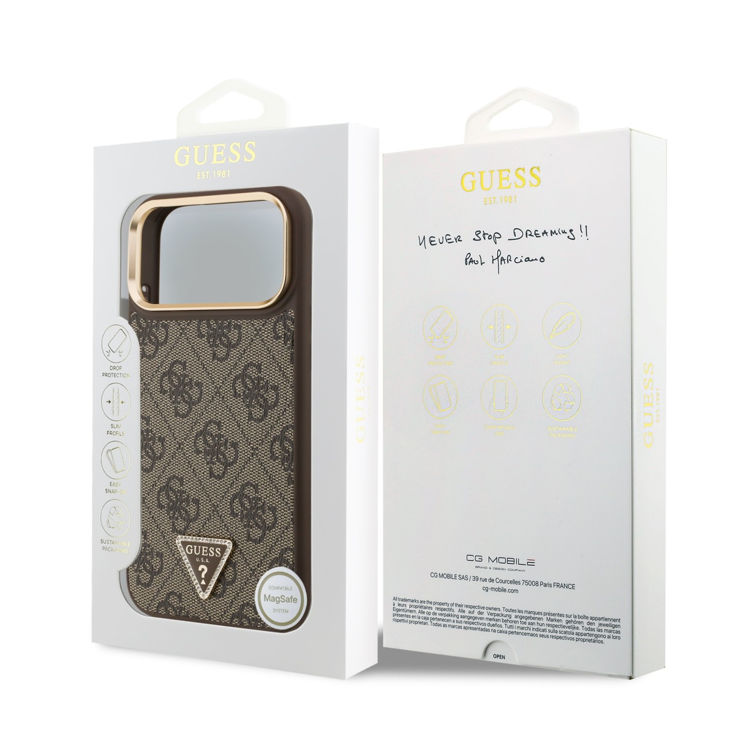 Guess PU Leather 4G Strass Triangle Logo Gold Frame MagSafe Zadní Kryt pro iPhone 17 Pro Max Brown