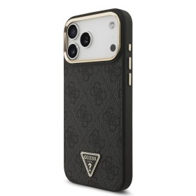 Zadní kryt Guess PU Leather 4G Strass Triangle Logo Gold Frame MagSafe pro Apple iPhone 17 Pro Max, černá