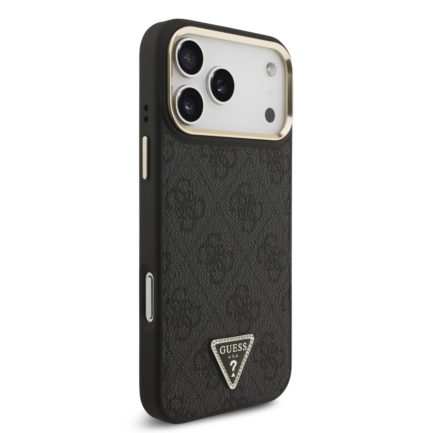 Guess PU Leather 4G Strass Triangle Logo Gold Frame MagSafe Zadní Kryt pro iPhone 17 Pro Max Black