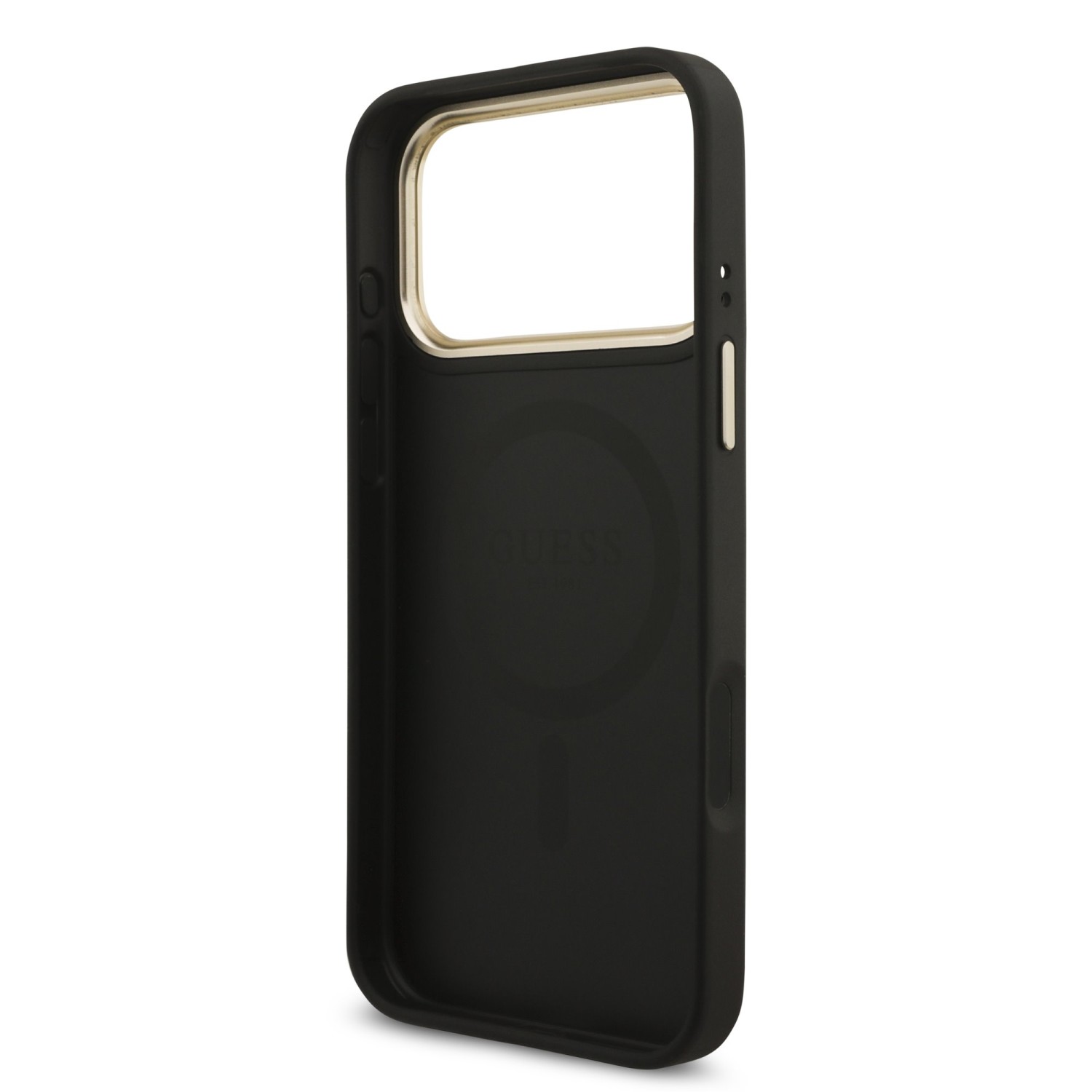 Guess PU Leather 4G Strass Triangle Logo Gold Frame MagSafe Zadní Kryt pro iPhone 17 Pro Max Black