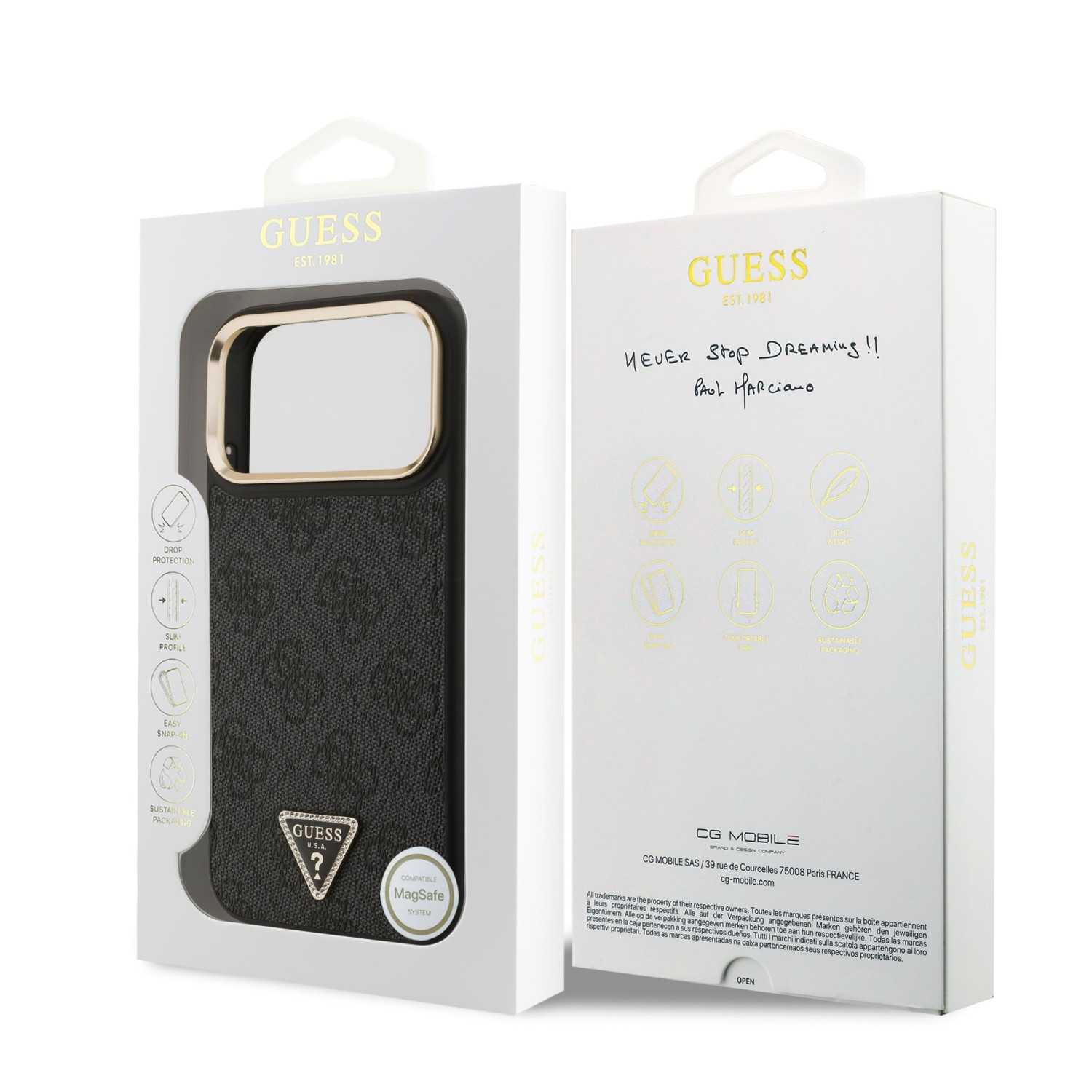 Guess PU Leather 4G Strass Triangle Logo Gold Frame MagSafe Zadní Kryt pro iPhone 17 Pro Max Black