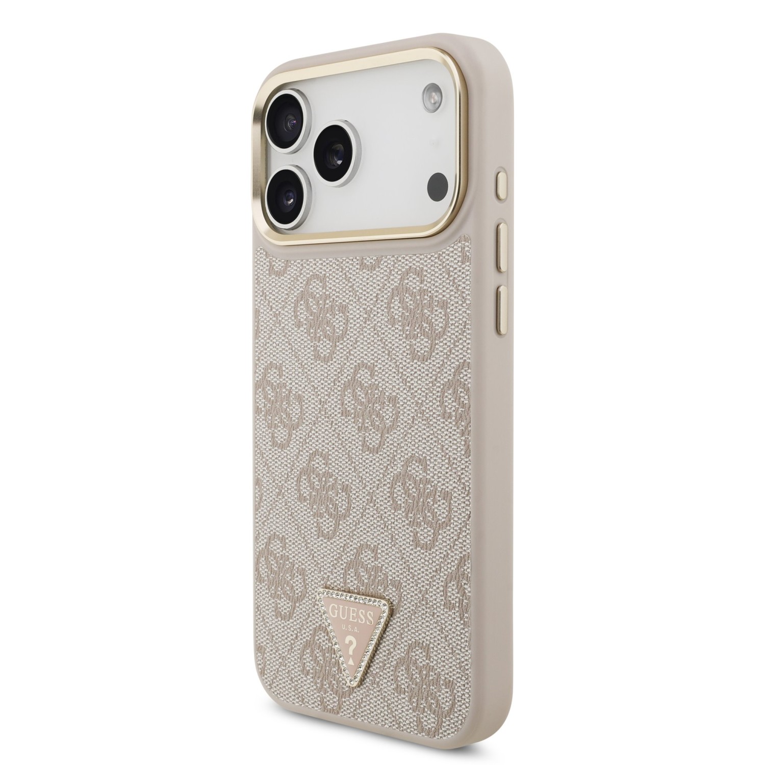 Guess PU Leather 4G Strass Triangle Logo Gold Frame MagSafe Zadní Kryt pro iPhone 17 Pro Max Pink