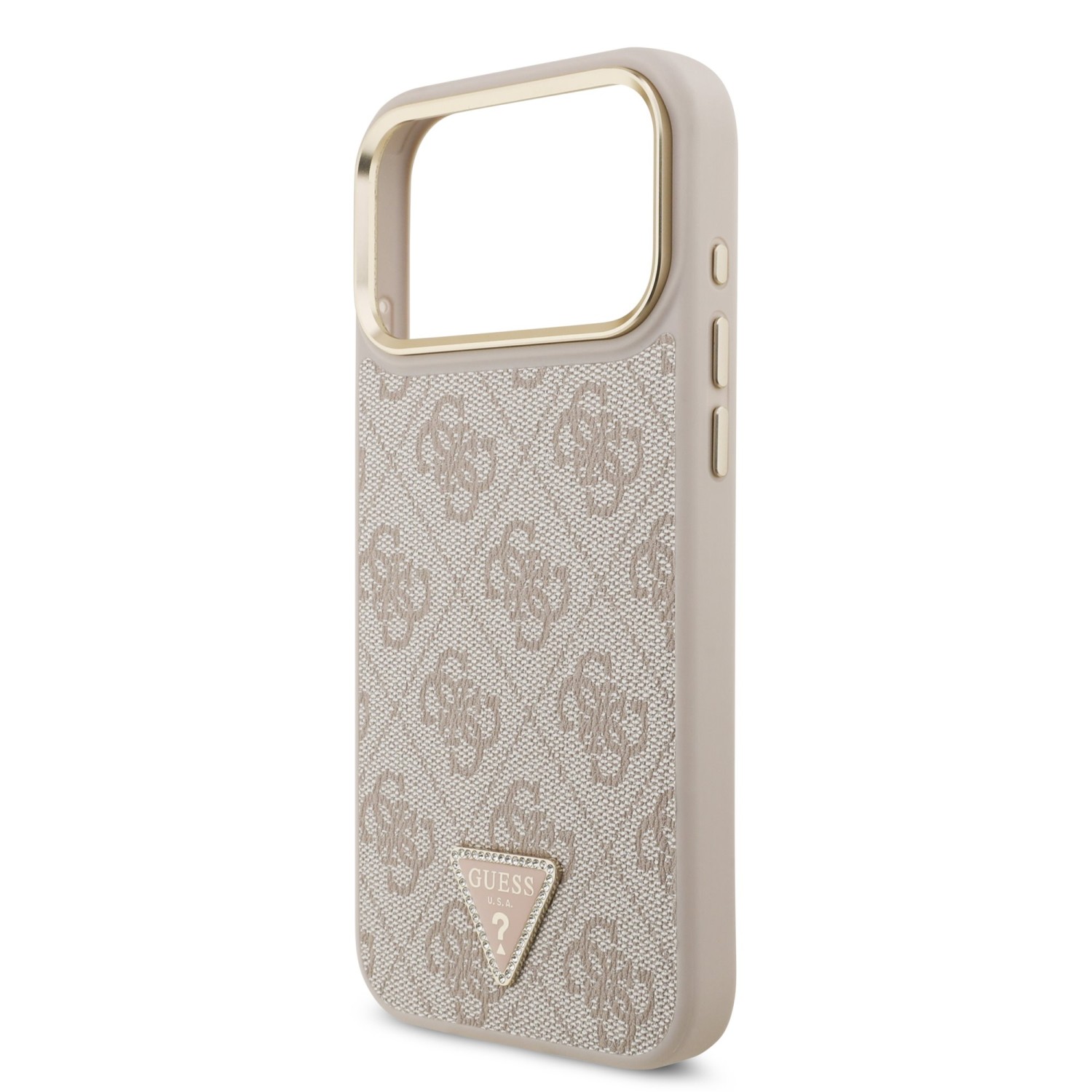 Guess PU Leather 4G Strass Triangle Logo Gold Frame MagSafe Zadní Kryt pro iPhone 17 Pro Max Pink