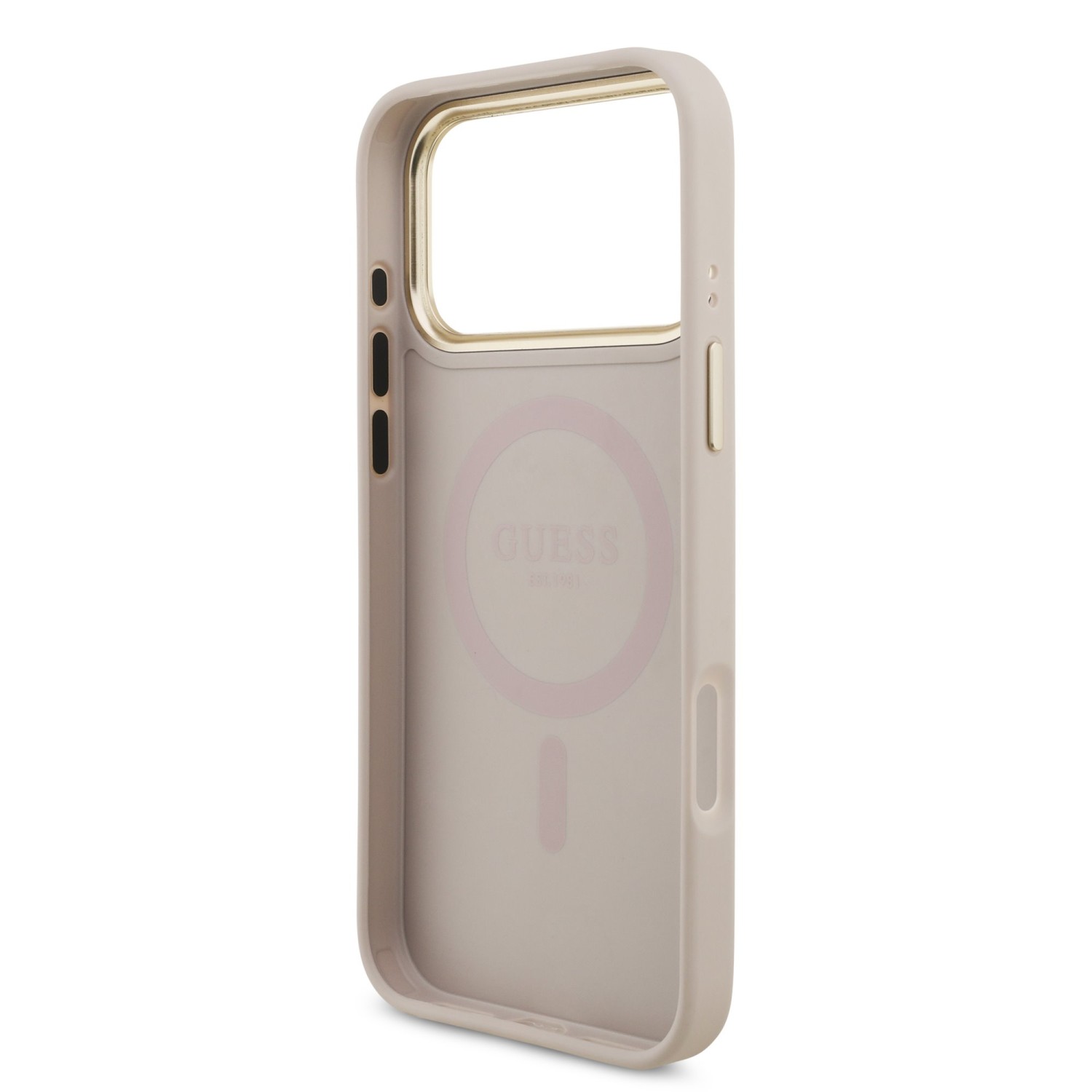 Guess PU Leather 4G Strass Triangle Logo Gold Frame MagSafe Zadní Kryt pro iPhone 17 Pro Max Pink
