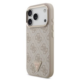 Zadní kryt Guess PU Leather 4G Strass Triangle Logo Gold Frame MagSafe pro Apple iPhone 17 Pro, růžová