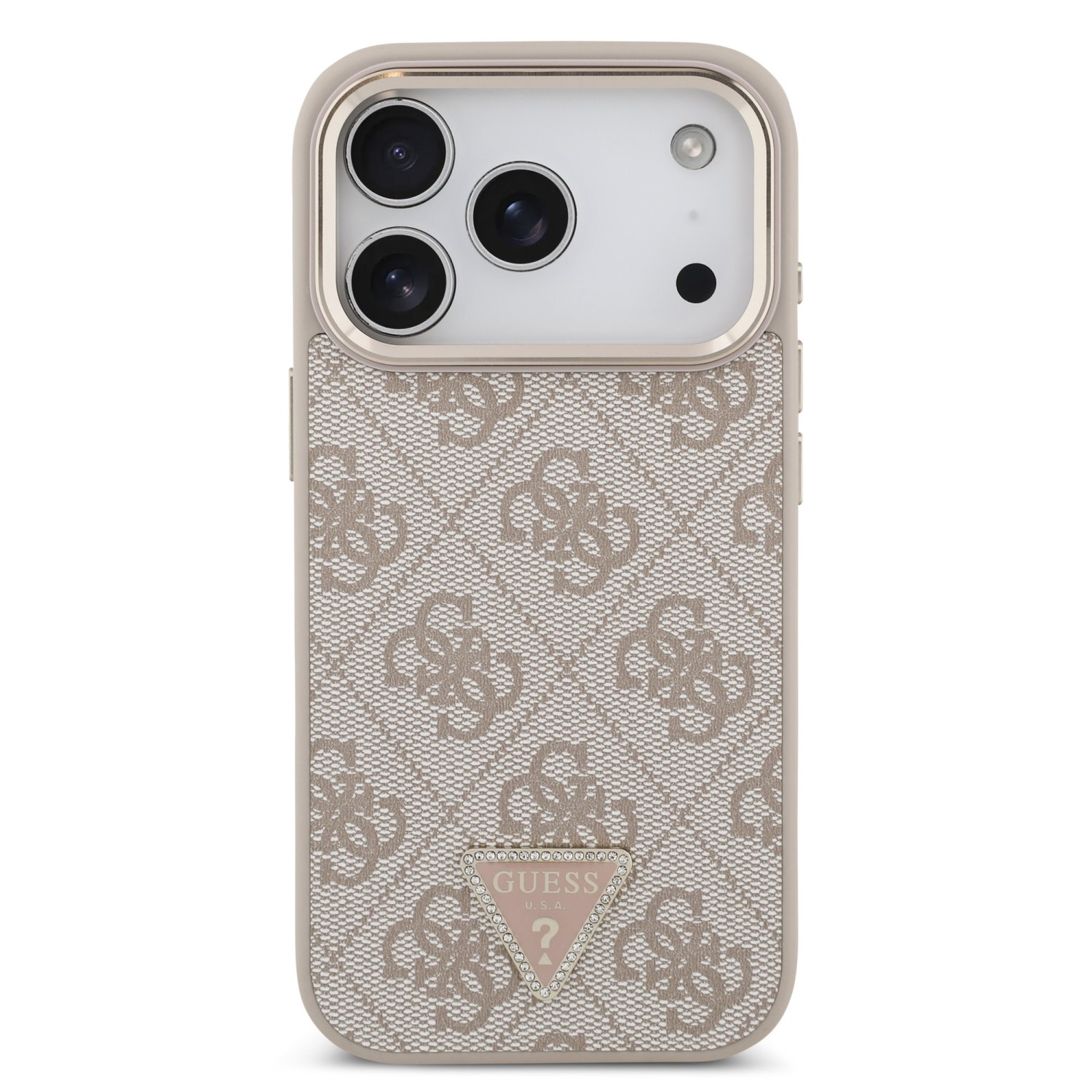 Guess PU Leather 4G Strass Triangle Logo Gold Frame MagSafe Zadní Kryt pro iPhone 17 Pro Pink