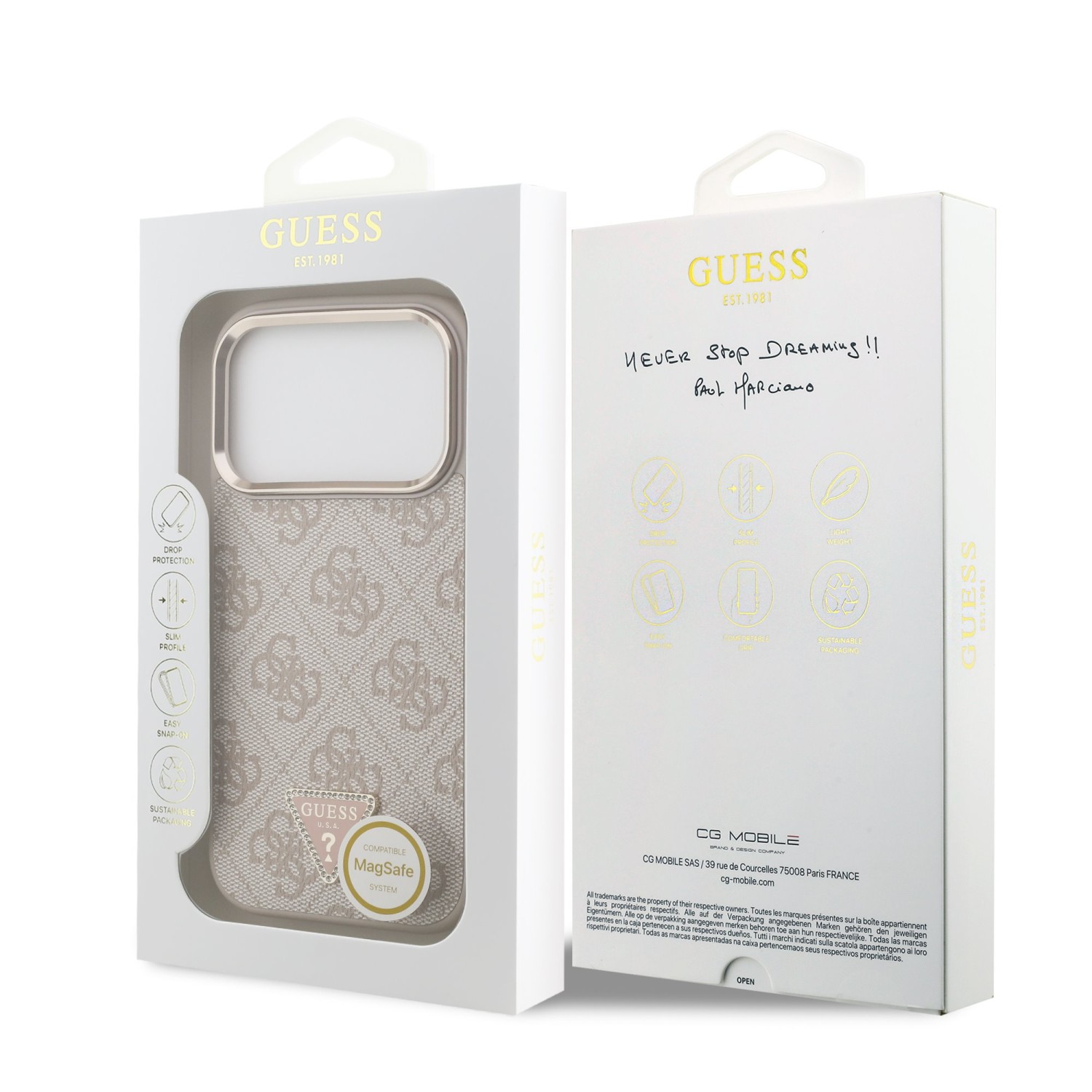 Guess PU Leather 4G Strass Triangle Logo Gold Frame MagSafe Zadní Kryt pro iPhone 17 Pro Pink