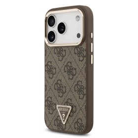 Zadní kryt Guess PU Leather 4G Strass Triangle Logo Gold Frame MagSafe pro Apple iPhone 17 Pro, hnědá