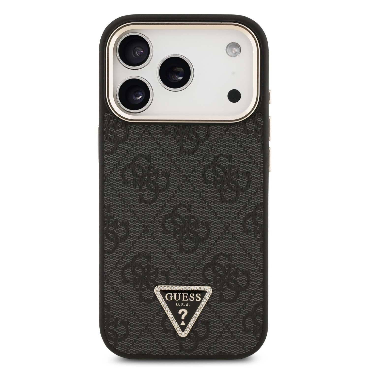 Guess PU Leather 4G Strass Triangle Logo Gold Frame MagSafe Zadní Kryt pro iPhone 17 Pro Black