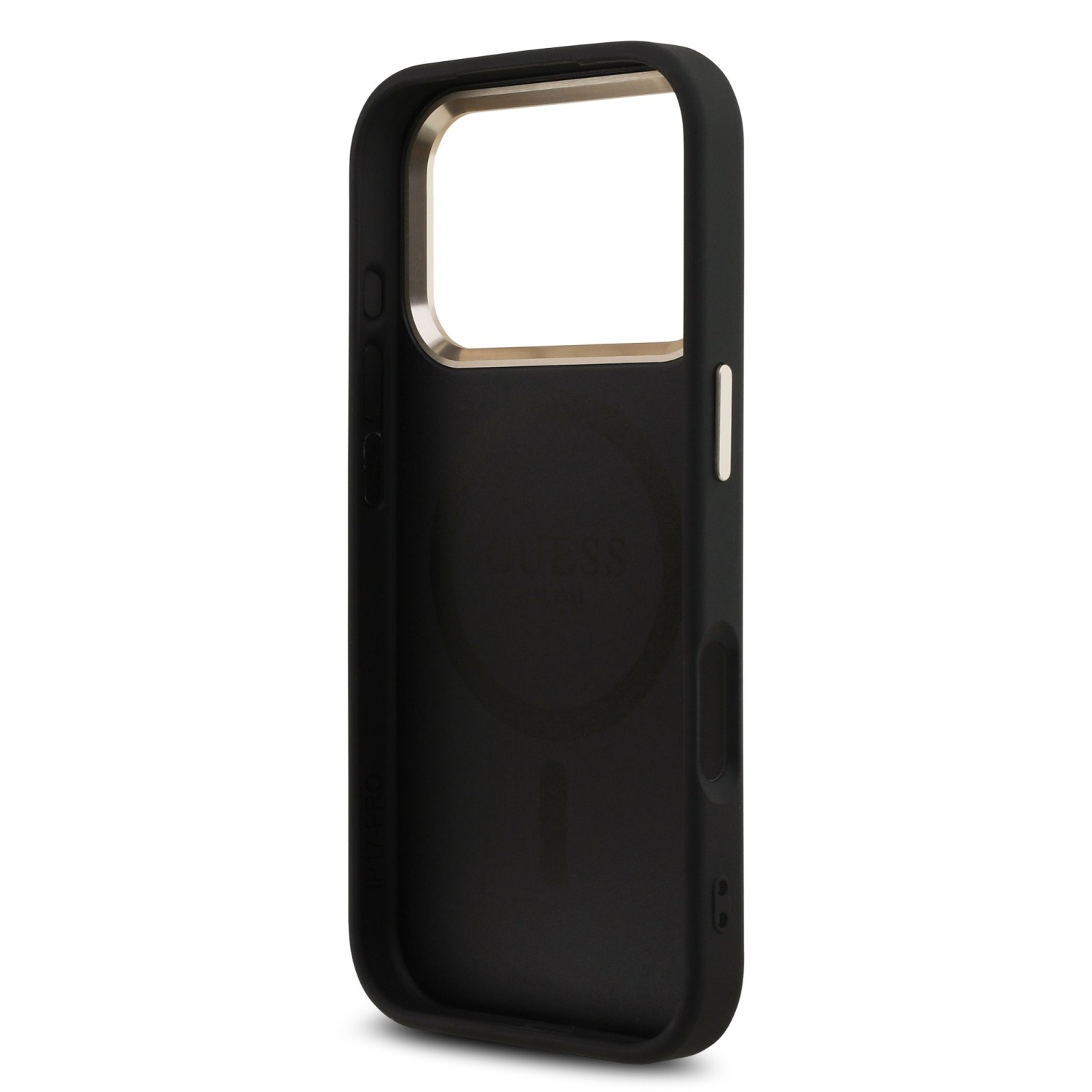 Guess PU Leather 4G Strass Triangle Logo Gold Frame MagSafe Zadní Kryt pro iPhone 17 Pro Black