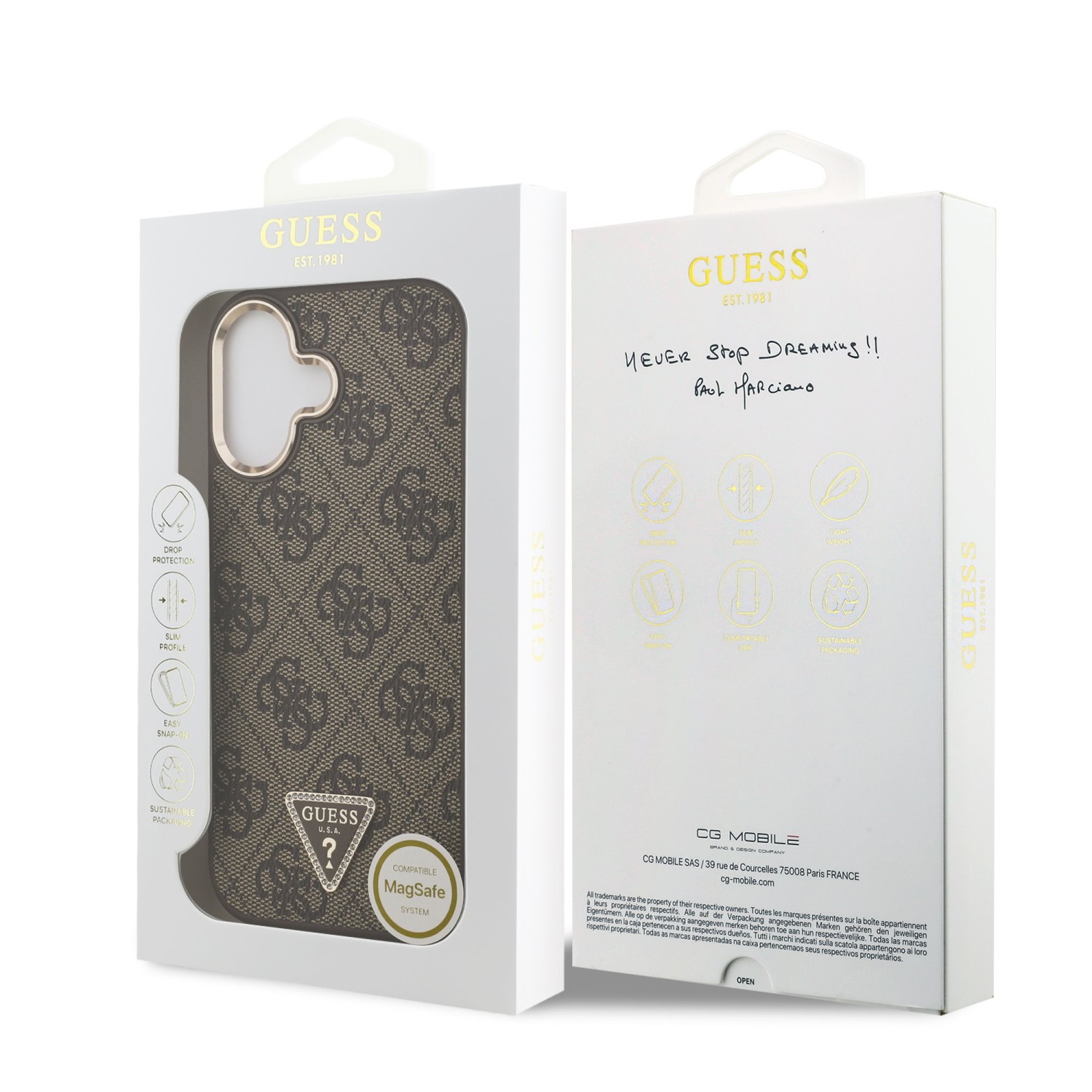 Guess PU Leather 4G Strass Triangle Logo Gold Frame MagSafe Zadní Kryt pro iPhone 17 Brown