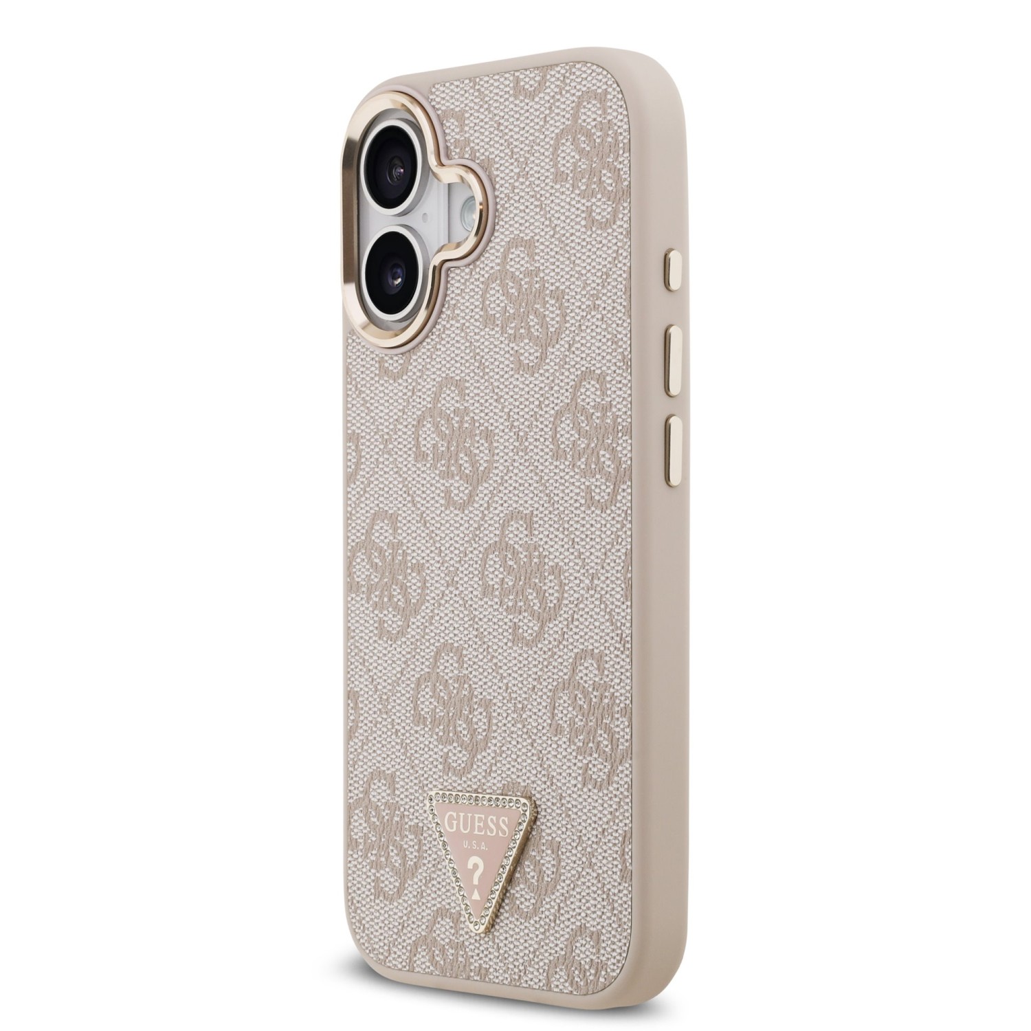 Guess PU Leather 4G Strass Triangle Logo Gold Frame MagSafe Zadní Kryt pro iPhone 17 Pink