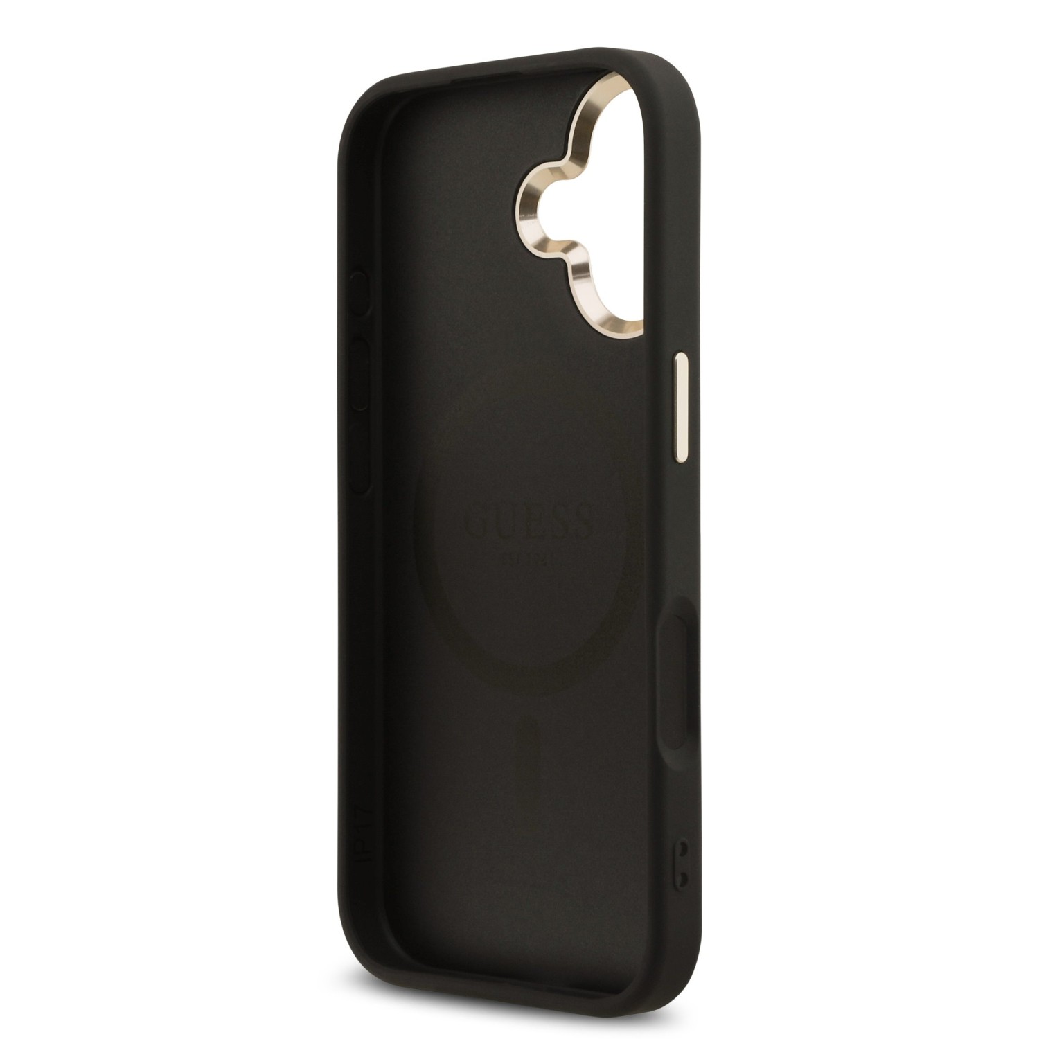 Guess PU Leather 4G Strass Triangle Logo Gold Frame MagSafe Zadní Kryt pro iPhone 17 Black