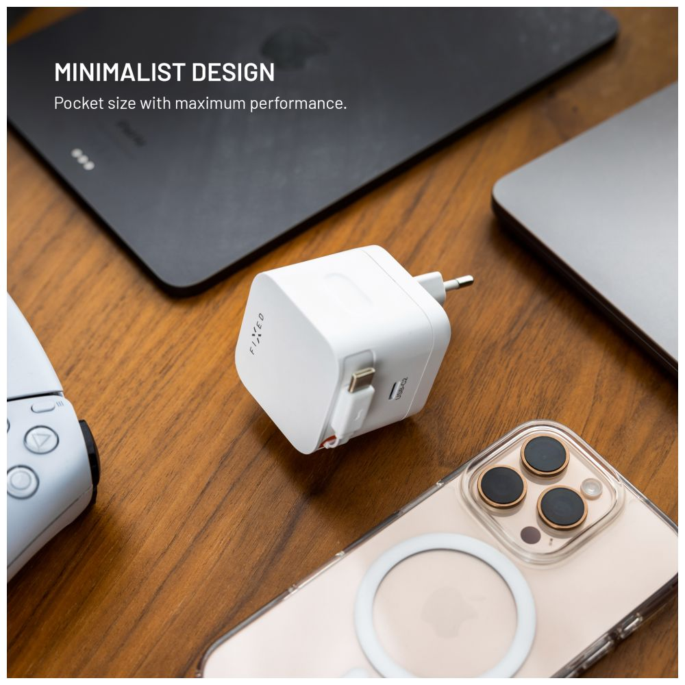 Síťová GaN nabíječka FIXED s 2xUSB-C, podpora PD 3.0, se samonavíjecím kabelem, 65W, bílá