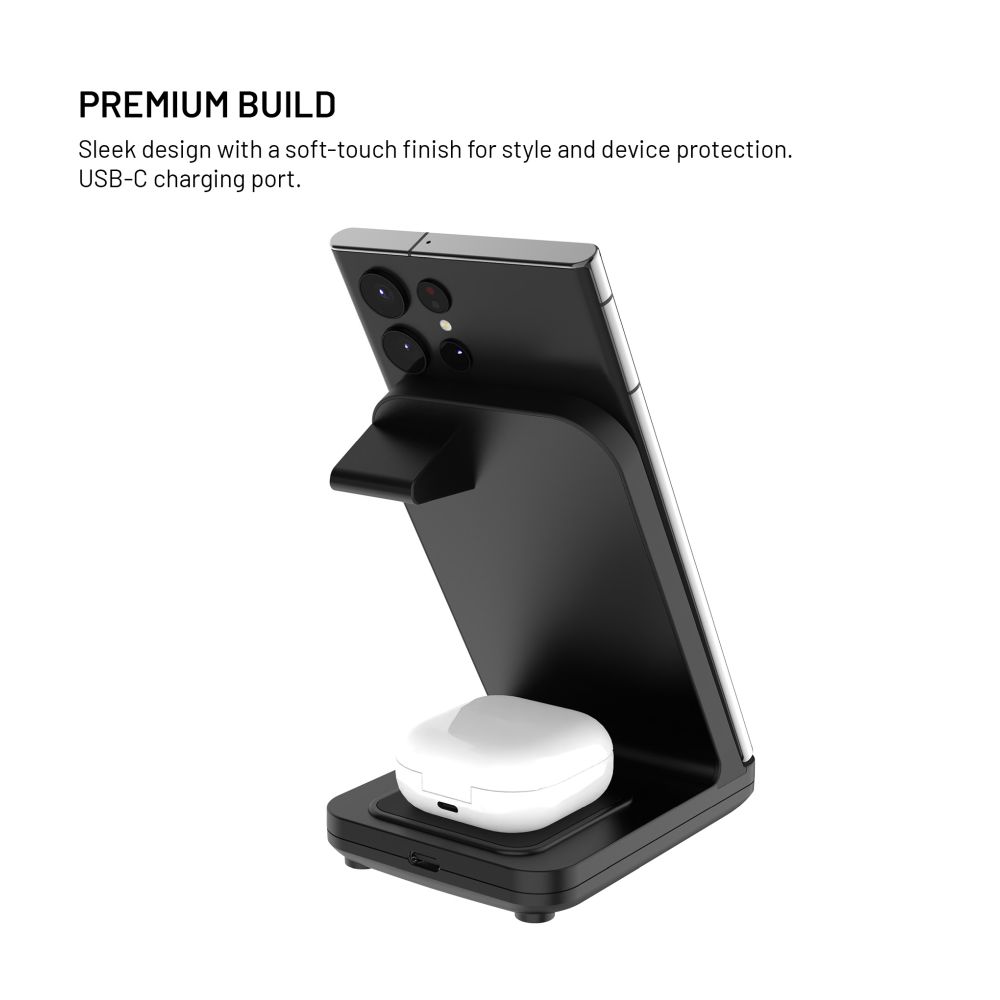 Stojánek FIXED Powerstation Uni s bezdrátovým nabíjením až pro 2 zařízení, 15W+5W, černá