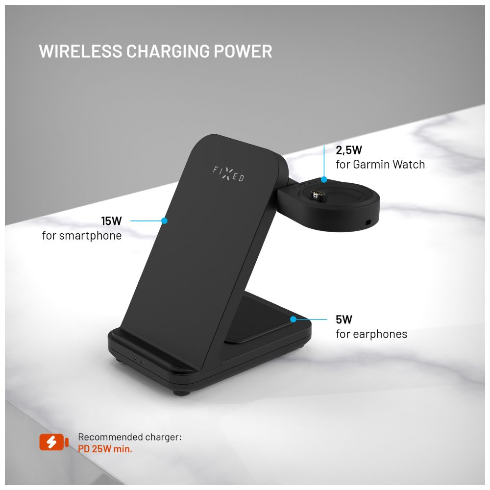Stojánek FIXED Powerstation pro Garmin s bezdrátovým nabíjením až pro 3 zařízení, 15W+5W+2.5W, černá
