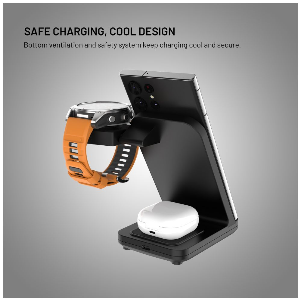 Stojánek FIXED Powerstation pro Garmin s bezdrátovým nabíjením až pro 3 zařízení, 15W+5W+2.5W, černá