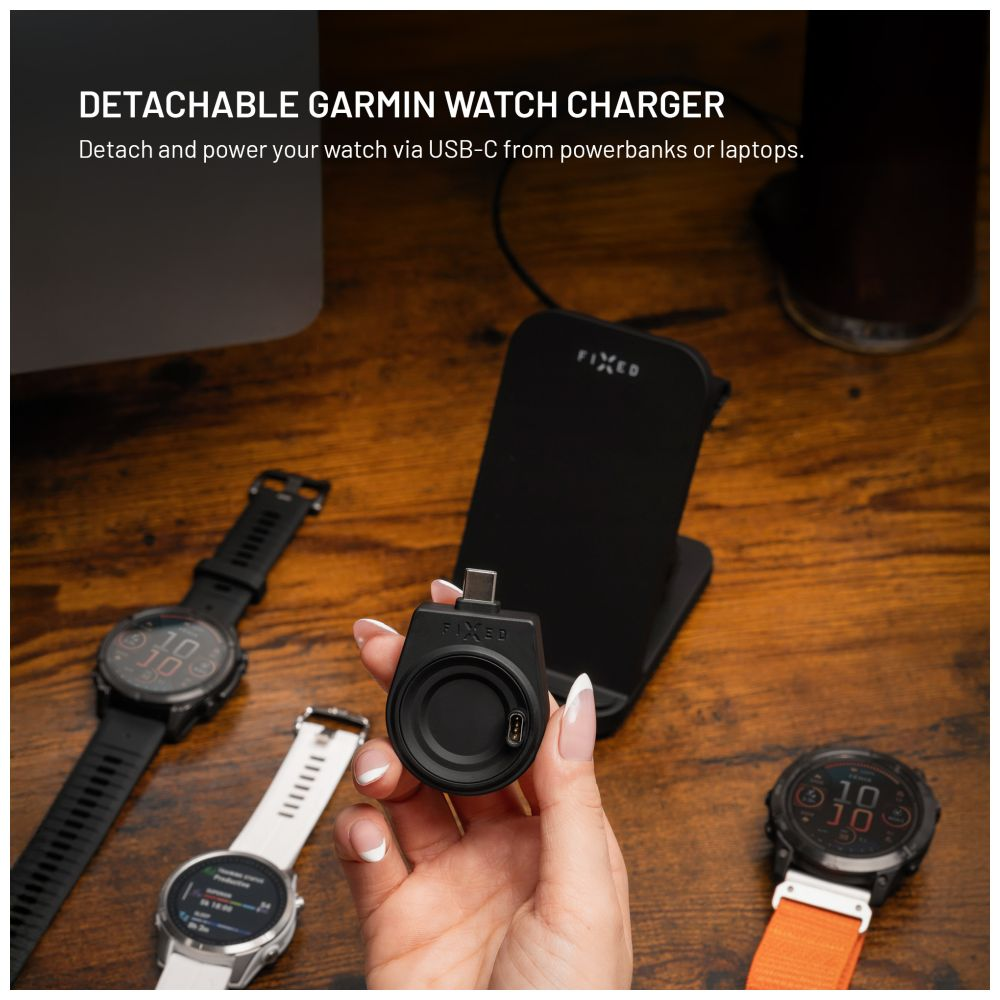 Stojánek FIXED Powerstation pro Garmin s bezdrátovým nabíjením až pro 3 zařízení, 15W+5W+2.5W, černá