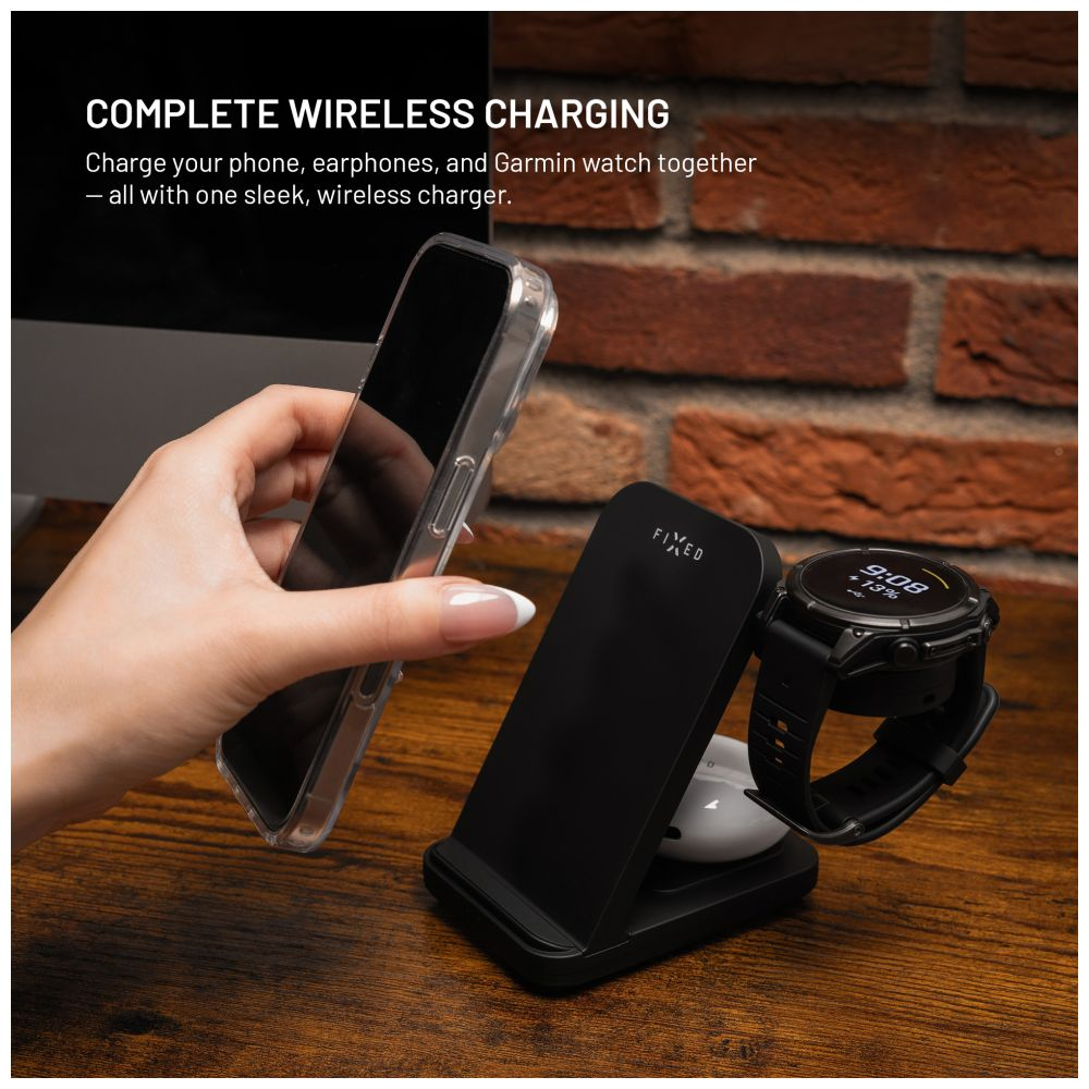 Stojánek FIXED Powerstation pro Garmin s bezdrátovým nabíjením až pro 3 zařízení, 15W+5W+2.5W, černá