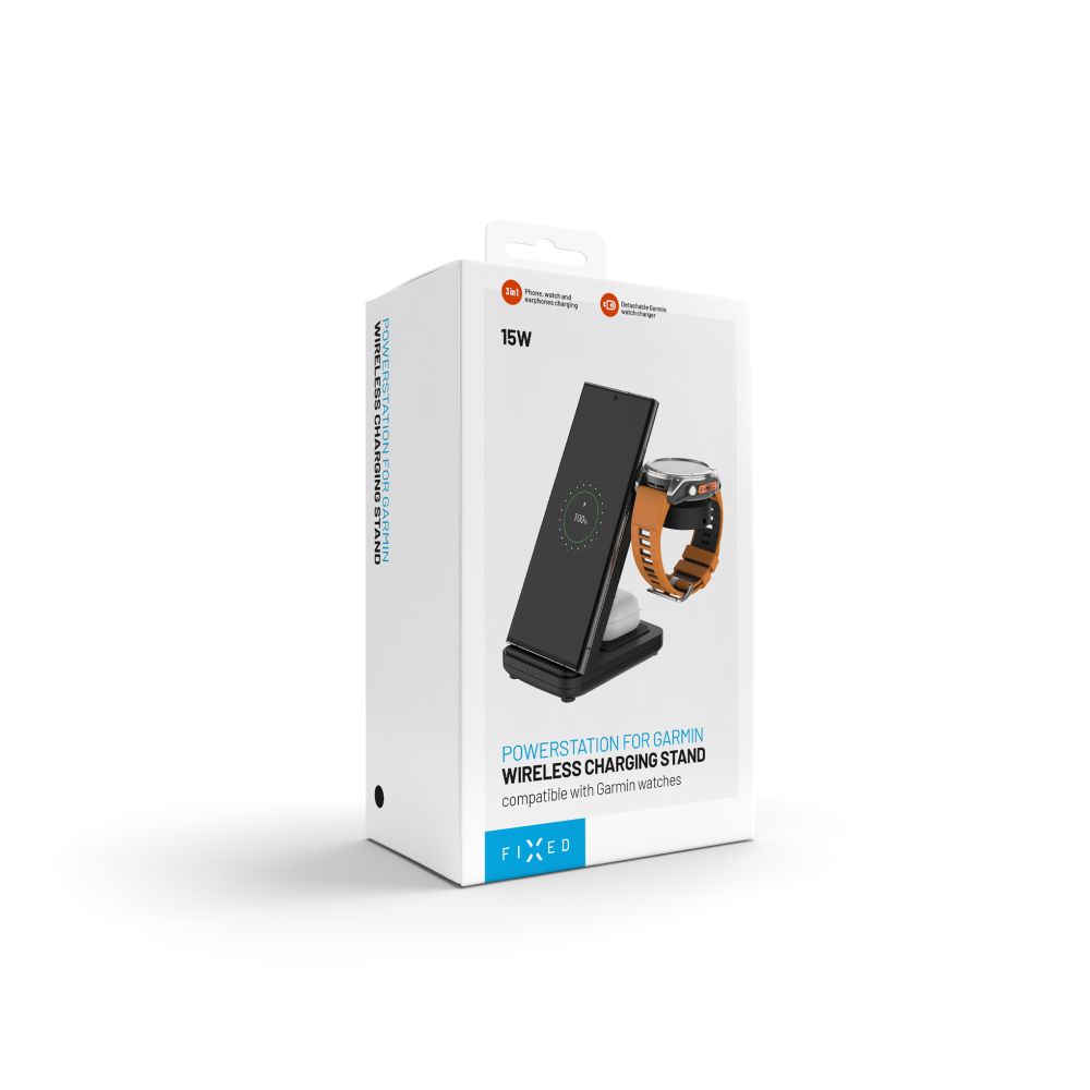 Stojánek FIXED Powerstation pro Garmin s bezdrátovým nabíjením až pro 3 zařízení, 15W+5W+2.5W, černá