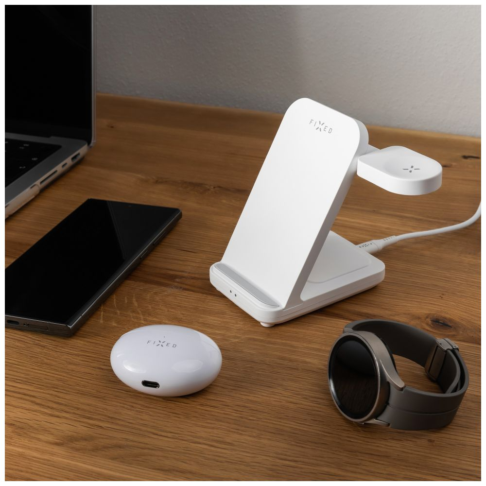 Stojánek FIXED Powerstation pro Samsung s bezdrátovým nabíjením až pro 3 zařízení, 15W+5W+2.5W, bílá